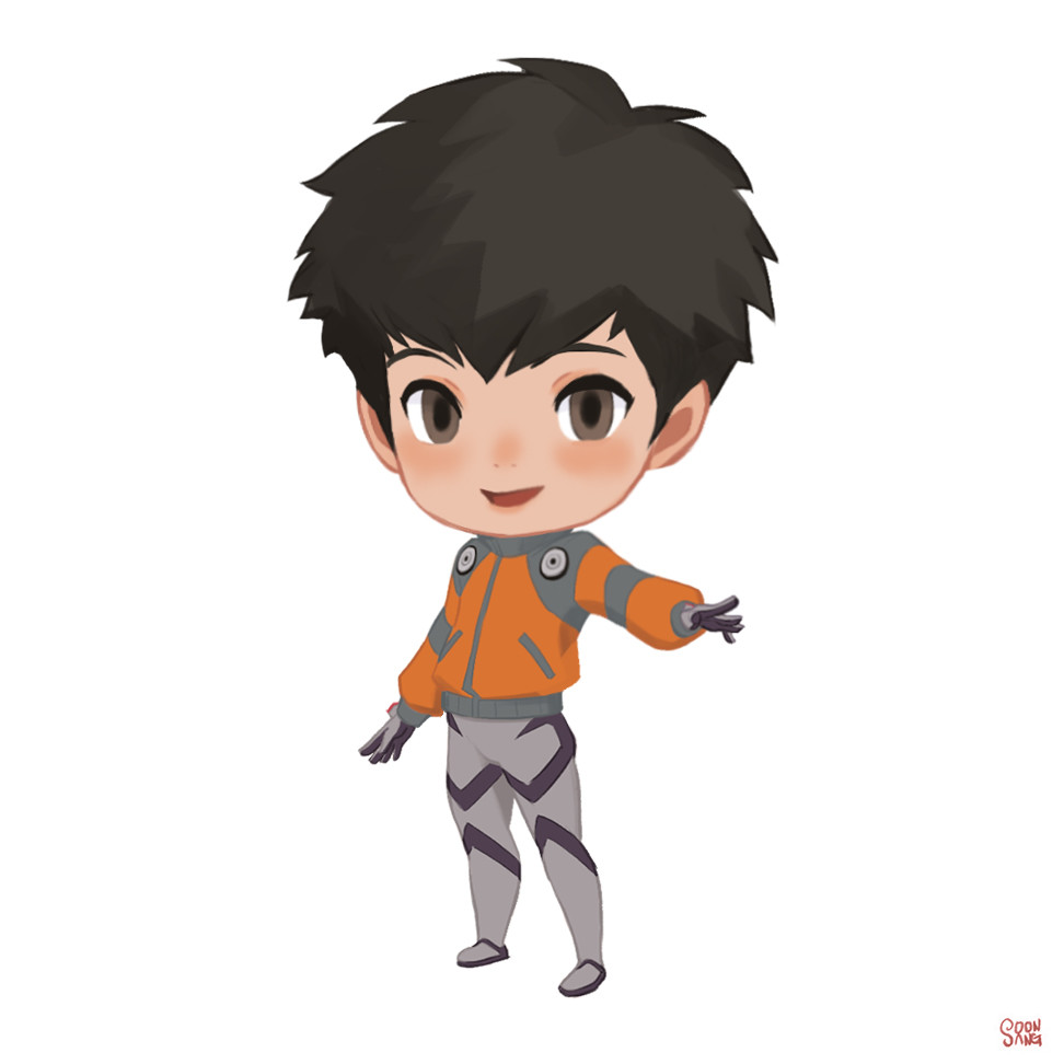 a cheerful, cartoon chibi character in a futuristic, orange and grey jumpsuit stands with his arm outstretched, as if greeting the viewer.