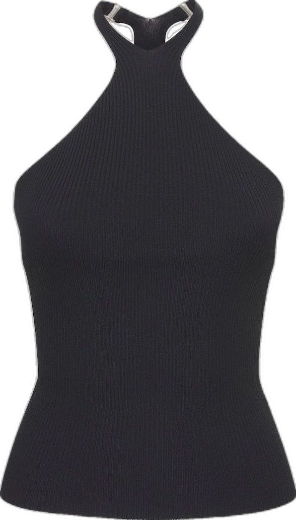 a black ribbed halter top with a high neckline and a closefitting, bodyconscious design.