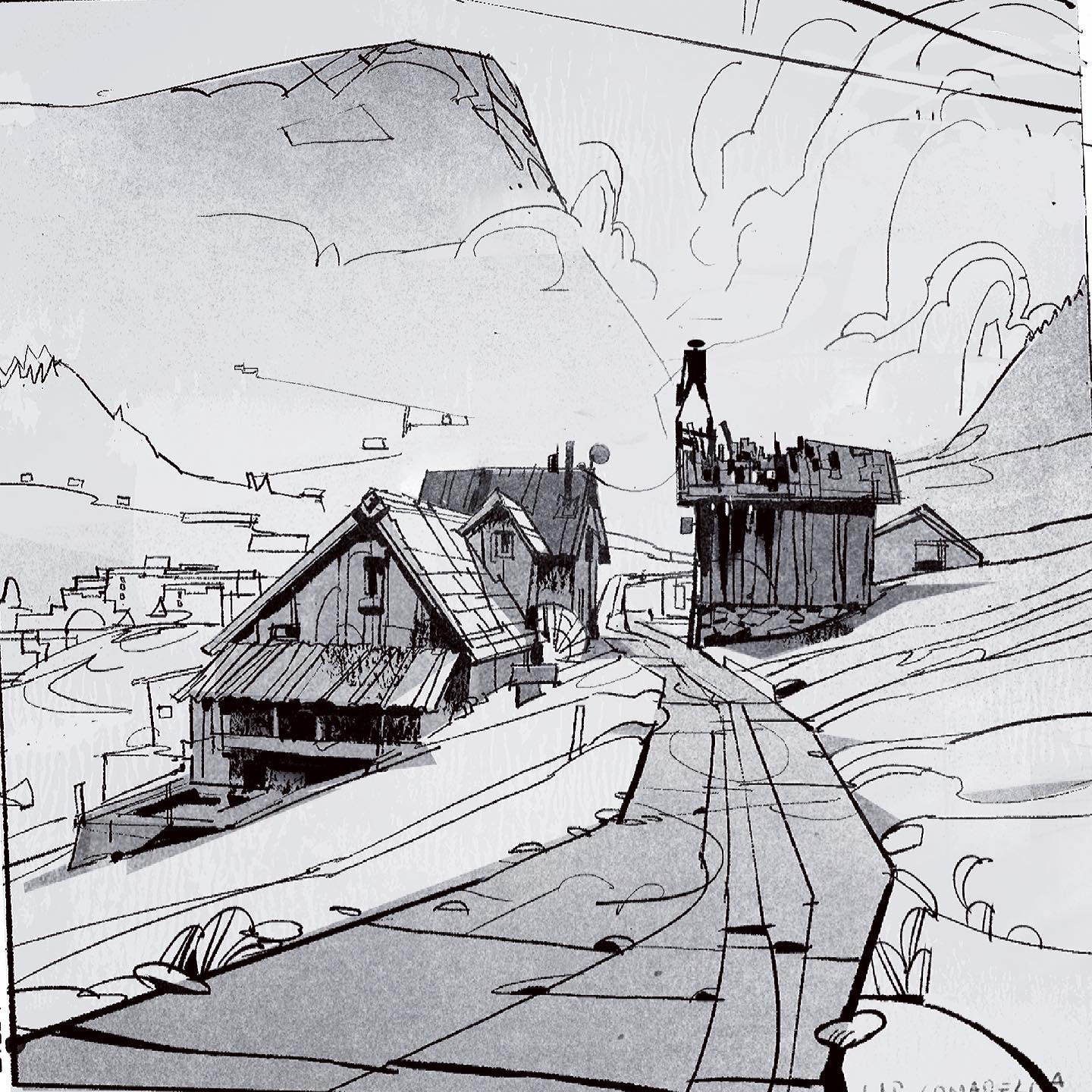 a black and white sketch of a snowy village nestled amongst mountains. the sketch is done in a loose style and gives the impression of a winter scene. the village has several houses, some with visible windows, and a road that meanders through the village. the mountain in the background is covered in snow and the sky is grey. the drawing suggests the quaint beauty and isolation of a remote mountain village in winter.