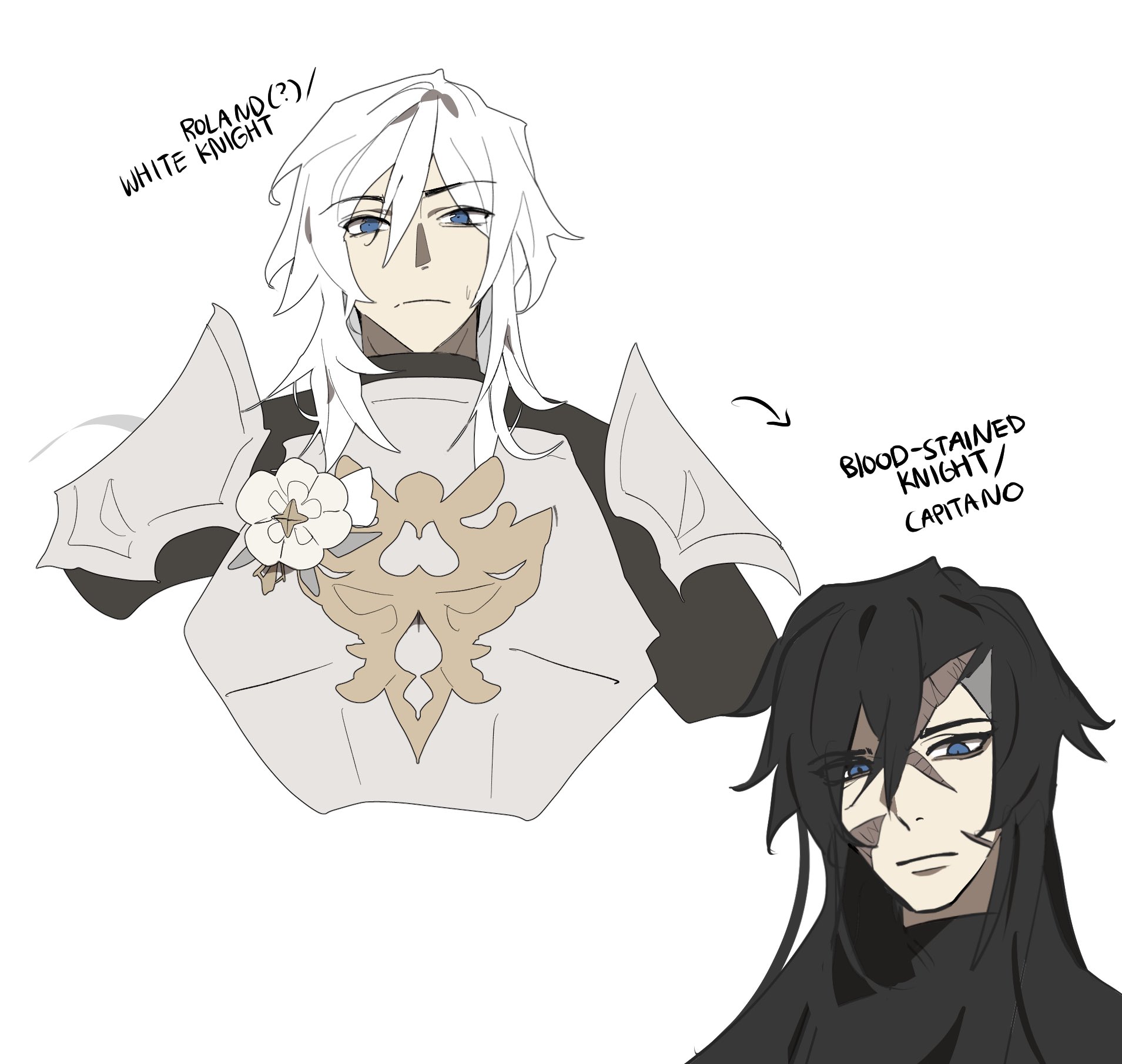 this image shows a drawing of two anime characters, one in white knight armor and the other in dark clothes. the white knight is named "roland" and has silver hair, a stern expression, and a white flower on their chest. the bloodstained knight, named "captiano" has black hair, dark clothes, and a scar over his right eye. he appears to be looking away from the viewer and has a neutral expression. the drawing is in a simple style with black lines and grey shading.