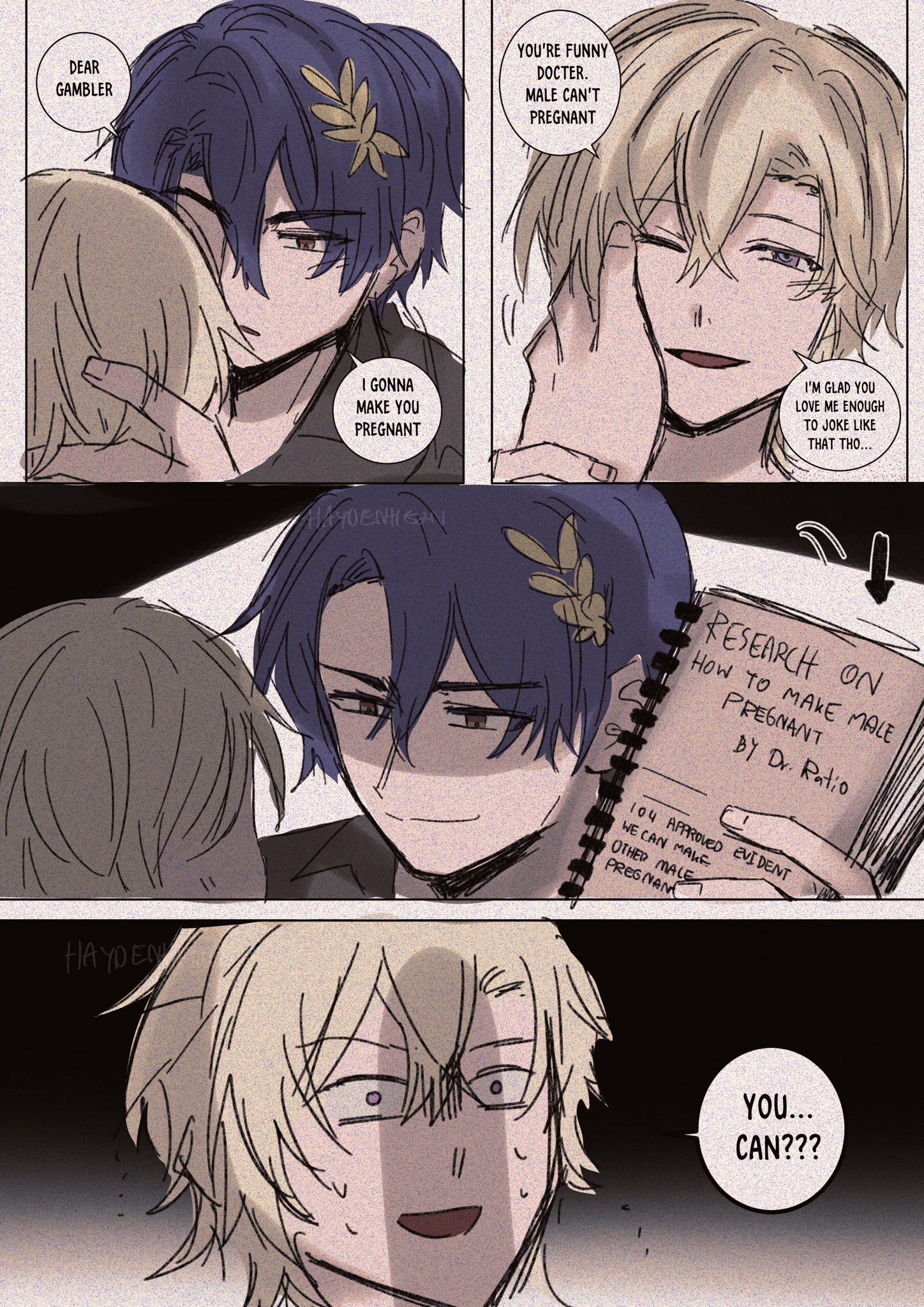 the image is a comic strip depicting a conversation between two male characters. the first panel shows a man with blue hair looking down at another man with blond hair. he is touching the blond man's face and is smiling.  the second panel shows the blond man blushing and smiling.  the first man's speech bubble reads "i gonna make you pregnant." the blond man's speech bubble reads "i'm glad you love me enough to joke like that tho." the third panel shows the blue haired man holding a book titled "research on