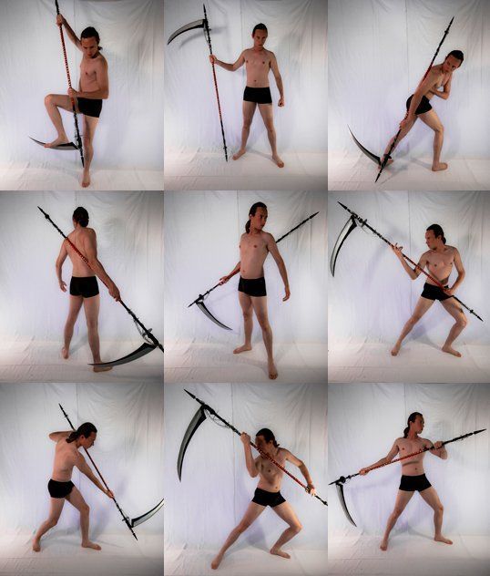 this image is a photo collage showcasing a male model in nine different poses. he is holding a black and red scythe weapon in each pose. he is shirtless and wearing shorts. the background is white. the image appears to be a photo shoot for a fitness magazine or a martial arts website. the poses are all dynamic and show the model’s strength and flexibility. the model is very muscular and in great shape.