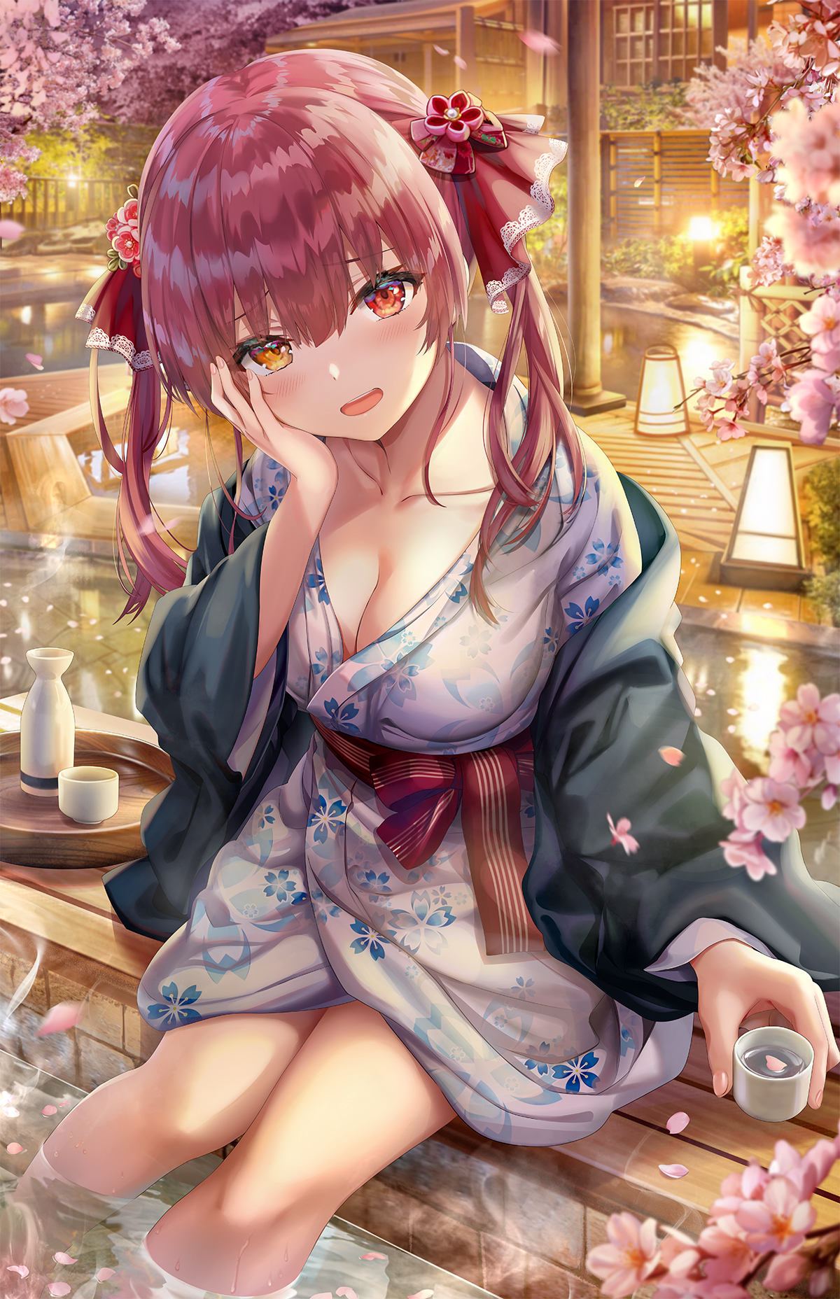 the image shows a beautiful anime girl sitting at the edge of a hot spring, wearing a light purple yukata with a dark cardigan.  her long pink hair is styled in twintails, adorned with red ribbons and flower accessories. she has bright yelloworange eyes, and she's smiling gently, her hand resting on her cheek.  the scene is set at night in a japanese garden, with cherry blossoms falling around her and warm lighting from lanterns illuminating the area.  the overall atmosphere is tranquil and serene. the girl appears relaxed and content.  she holds a small cup in her hand, possibly containing tea or water.