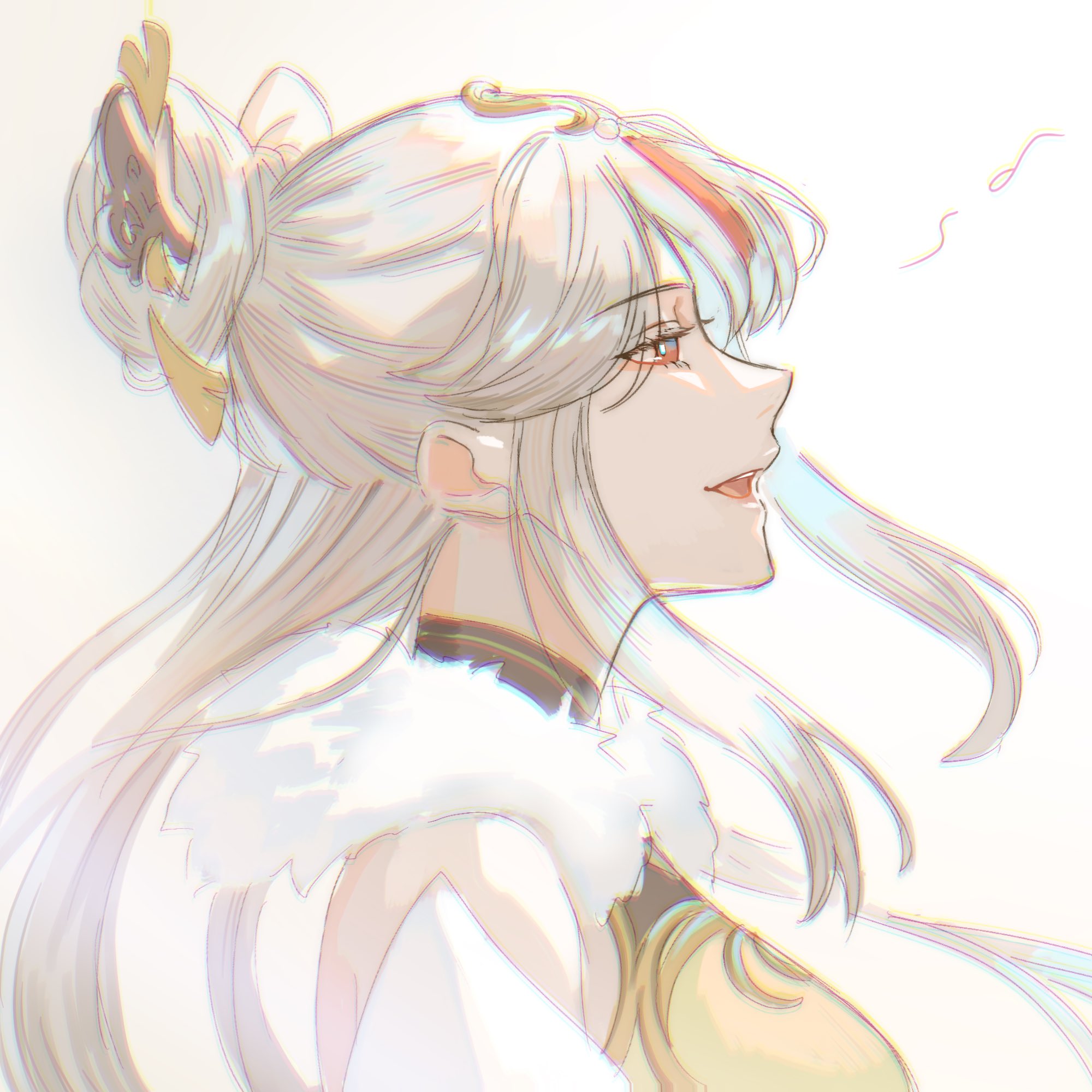 a beautiful anime girl with white hair and red eyes is drawn in a soft style against a light background. she has a white fur collar and is wearing an ornate gold and white outfit. her hair is long and flowing, and she is looking up with a gentle smile. the drawing is full of detail and captures the beauty of the character.