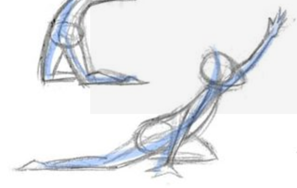 a drawing of two human figures in dynamic poses,  the one on the left is bending over with its arms bent, while the one on the right is reaching up with its arms extended.  the figures are drawn with simple lines and shading. the drawing is done in a pencil on a white paper background.