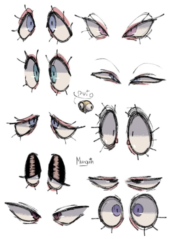 the image is a collection of stylized eye drawings in various styles and angles. it includes front, side, and angled views of eyes with different expressions and designs. some eyes have eyelashes, while others have different eyelid shapes and pupil colors. the text "puto" is associated with a pair of small, simplistic eyes, and the text "munqutin" is present near a different pair of eye drawings. overall, the image showcases a variety of eye design concepts.