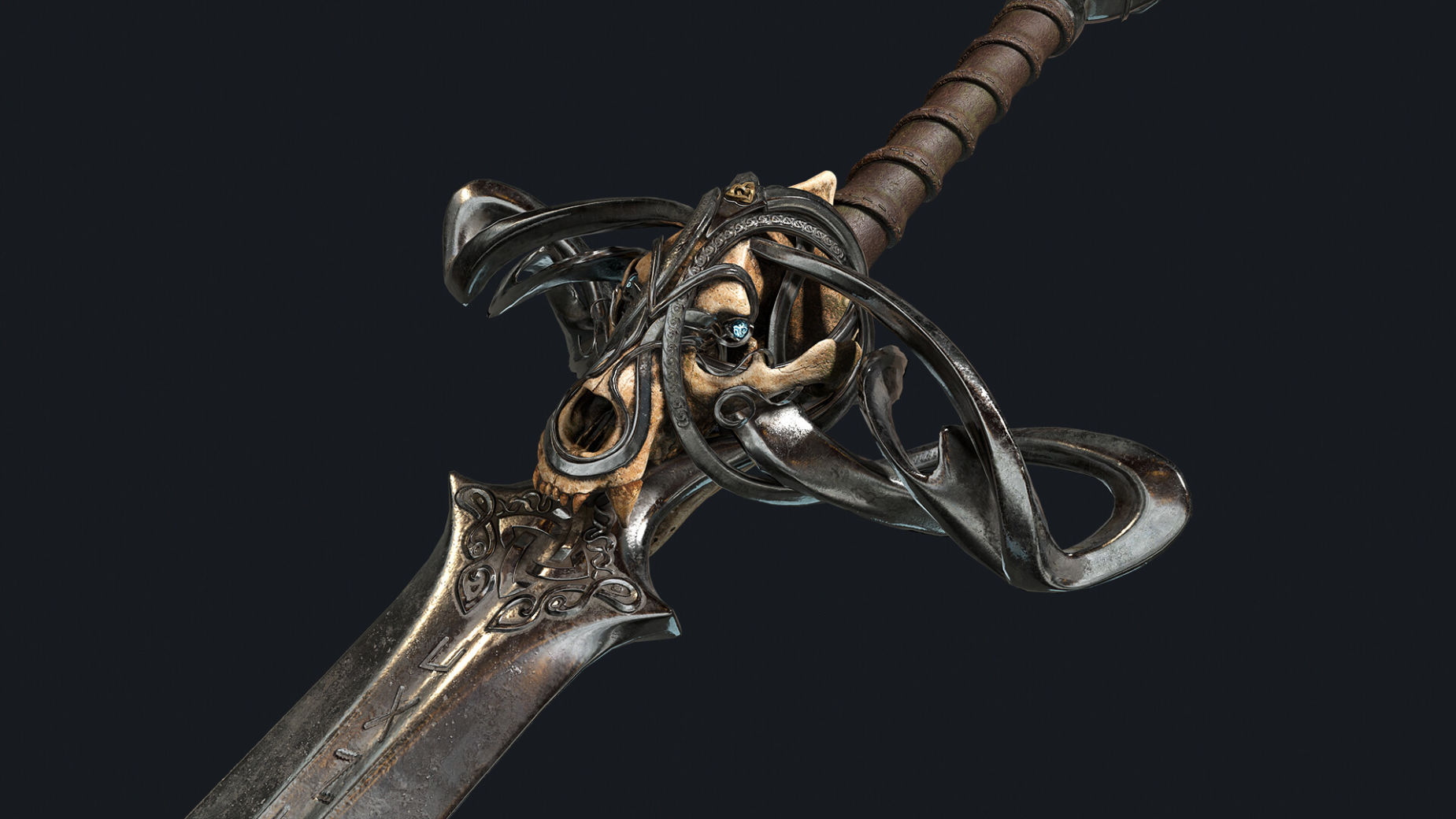 a closeup image showcasing a highly detailed 3d render of a fantasy sword against a dark background. the sword features an elaborate hilt with a skull and bone design, a leatherwrapped grip, and a gleaming metal blade. the image highlights the craftsmanship and intricate details of the sword.