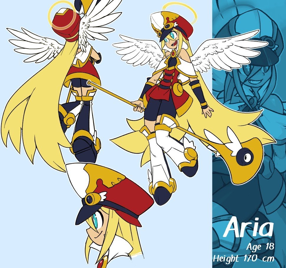 this is a digital illustration of an anime character named aria. she is a blonde haired girl with wings and a halo. she is wearing a red and yellow outfit and has a gold staff with a blue orb on the end. she is standing in a cartoon style.  she is depicted in different poses in three different panels on a blue background.