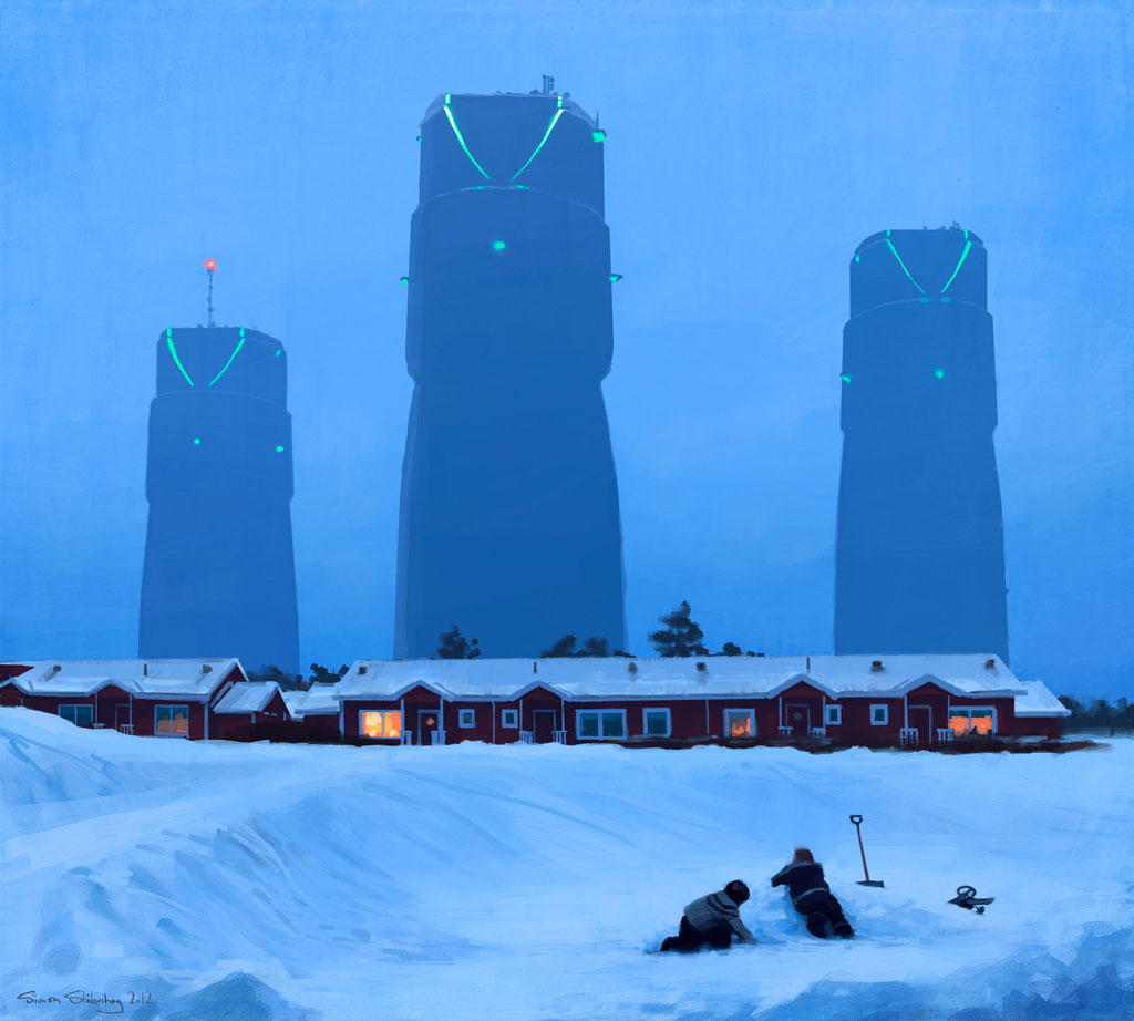 this is a digital painting of a snowy landscape with three large, mysterious buildings in the background. the buildings are tall and cylindrical, with green lights at their tops. they appear to be alien in nature, and their presence casts a sense of unease and wonder over the scene. in the foreground, there are small, red houses and two children playing in the snow. the children are building a snowman and seem oblivious to the ominous presence of the buildings. the sky is a pale blue, and the snow is a pristine white. the painting has a surreal, dreamlike quality, and it leaves the viewer with a sense of mystery and intrigue.