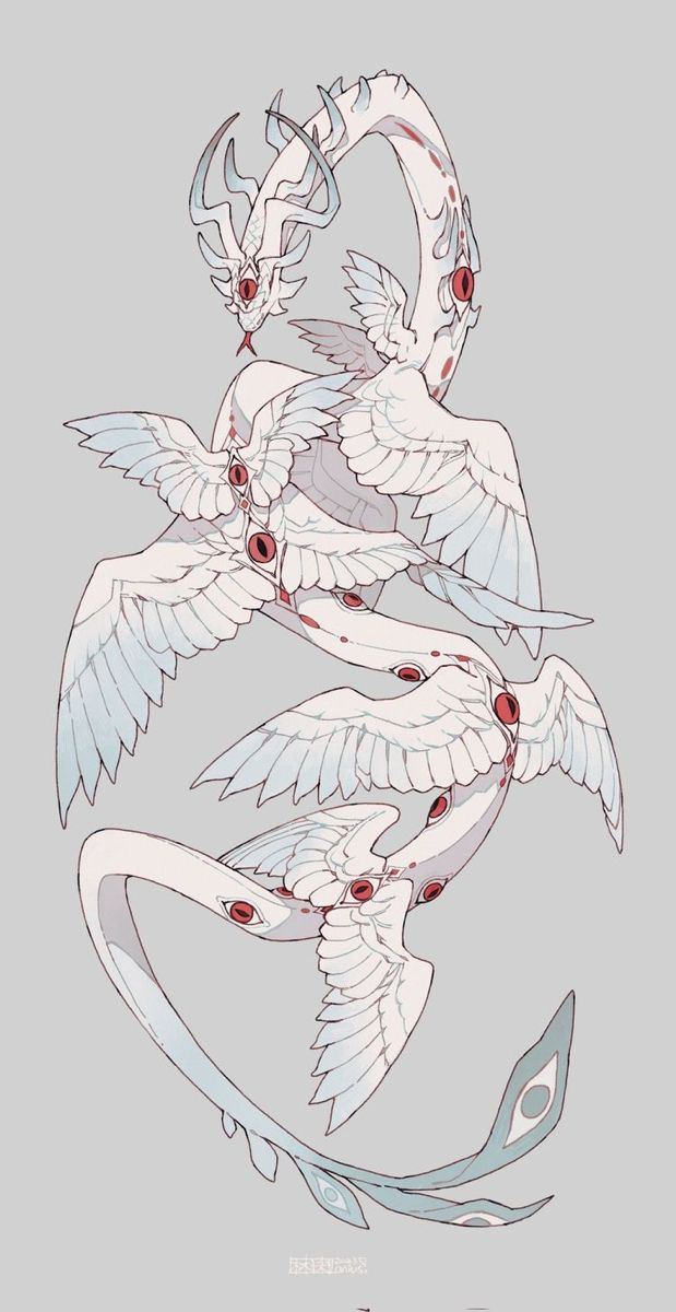 the image shows a pale, serpentine creature with two heads and multiple sets of wings. the creature has a dragonlike appearance, with long, winding bodies. each segment of the body has a set of white wings with pale blue accents, and a red eye. the tail is long and patterned with pale blue markings. one of the heads has antlers and the other has a red tongue sticking out. the background is a muted grey, emphasizing the creature's pale colors. the overall style is stylized and fantastical.