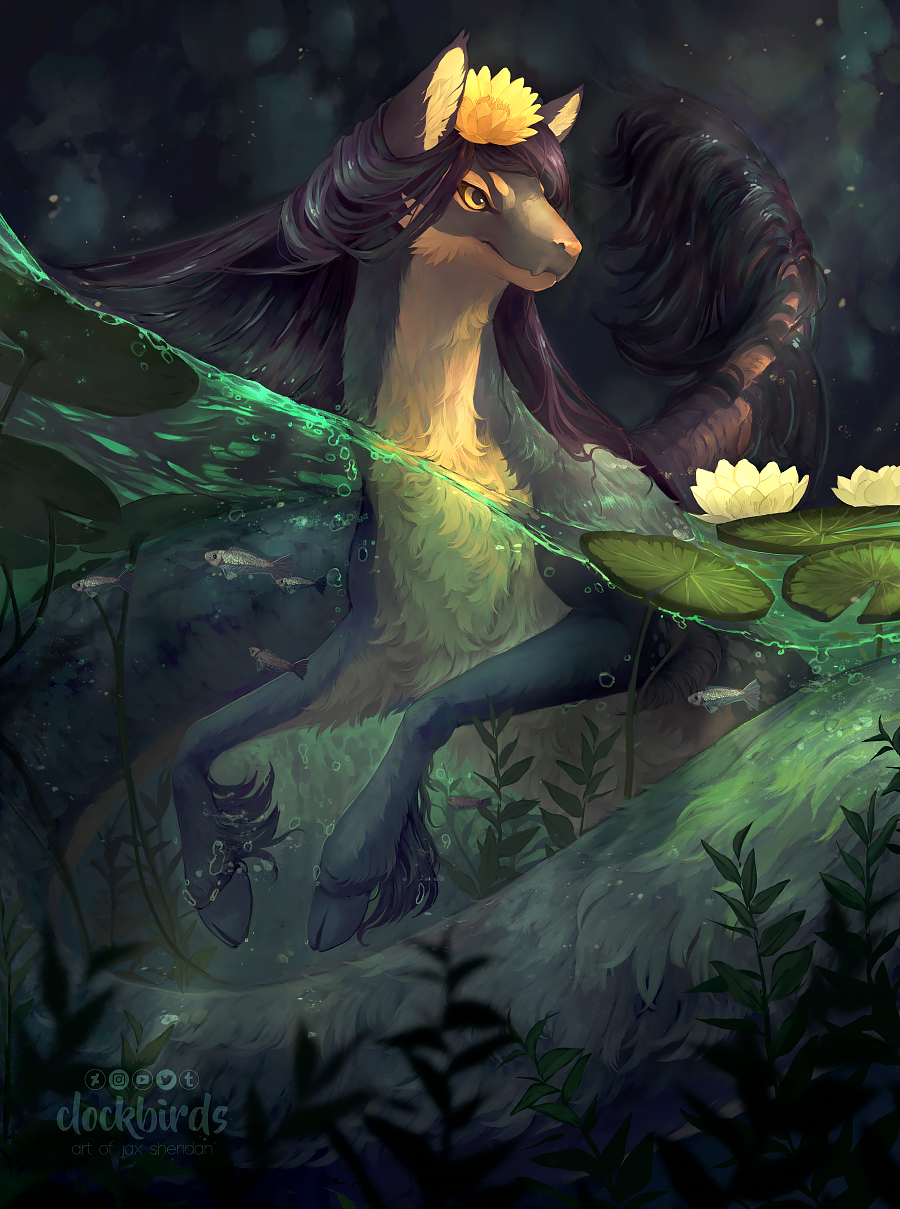 the image showcases a majestic, fantasy creature resembling a horse with a flowing mane, partially submerged in a moonlit pond. its coat shimmers with a soft, golden light, contrasting with the cool, dark tones of the surrounding forest. water lilies dot the surface, their white blossoms glowing in the dim light. the water itself appears magical, with streaks of vibrant green illuminating the depths. the overall mood is one of tranquility and enchantment, capturing a moment of ethereal beauty in a hidden, magical world.