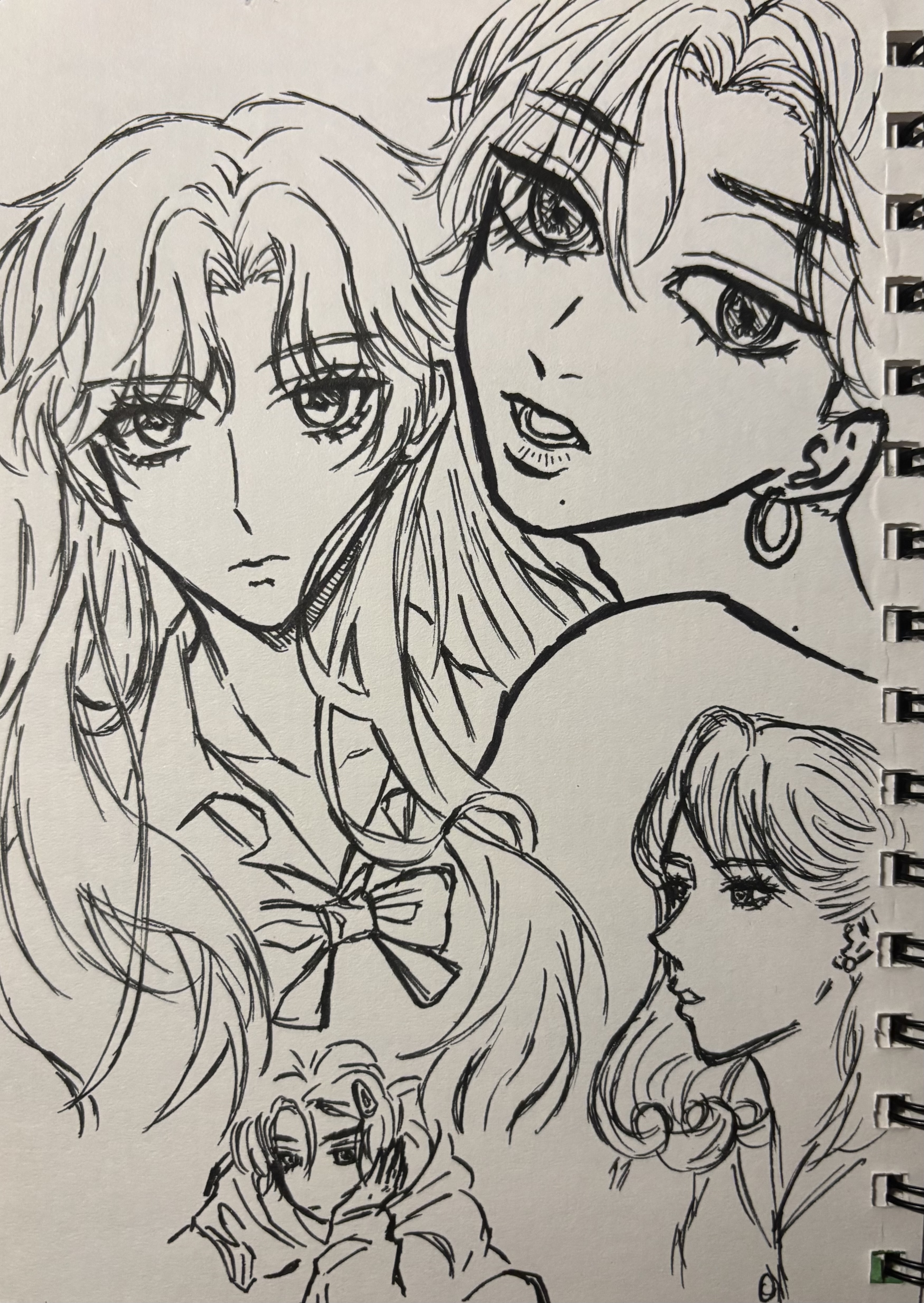the image is a sketchbook page filled with various animestyle sketches of women and girls. there are four main sketches. one depicts a girl in a school uniform with a bow, looking directly at the viewer with a somewhat serious expression. next to her is another woman with a surprised expression, looking to the side. below them is a side profile of a woman with curly hair and an earring. at the bottom left corner is a smaller sketch of a person with their head resting on their hand. the style is characterized by bold line art.