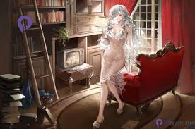 a woman in a dress is standing in a room next to a red chair. there is a ladder leaning against a bookcase with books. a television is on a table.