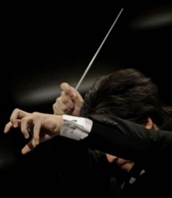 the image is a dramatic closeup shot of a conductor's hands during a performance. the conductor, mostly obscured by their dark clothing and hair, is holding a baton and their hands are midgesture. the background is dark and outoffocus, creating a strong contrast with the sharply defined hands and baton. the overall mood is intense and focused, conveying the energy and concentration of a live musical performance. the image is somewhat stylized, with a deep contrast and minimal lighting, enhancing the artistic feel.