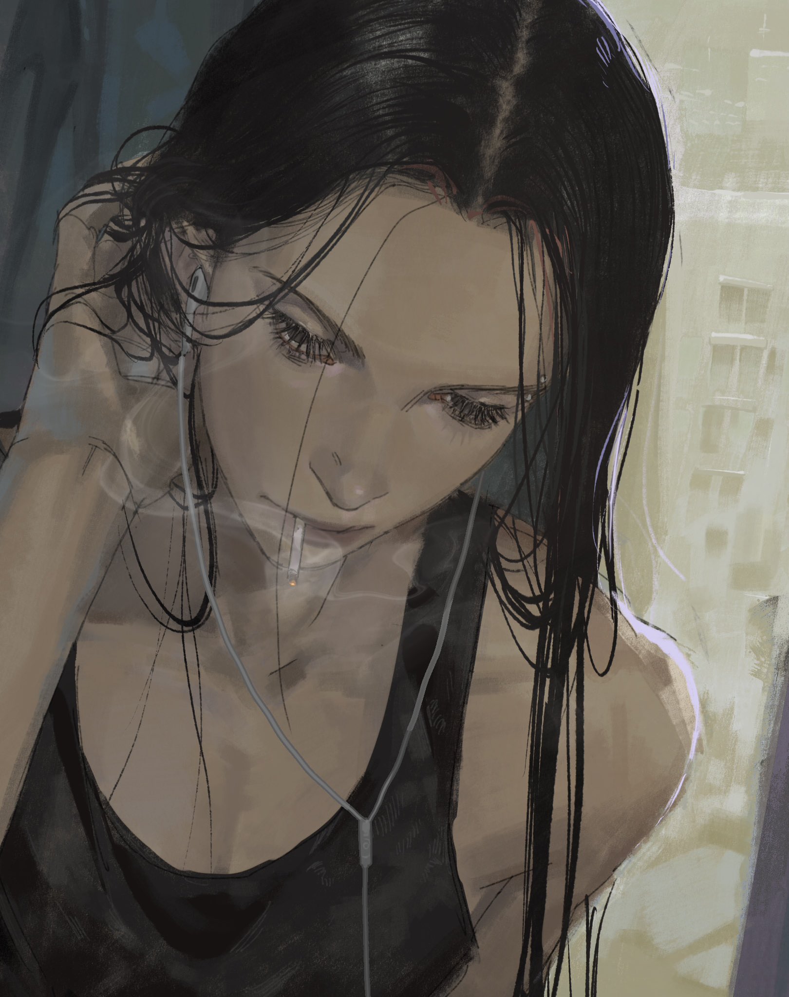 a woman with long, dark hair is shown from the chest up. she is wearing a black tank top and has earphones in her ears. she is smoking a cigarette and looking down, lost in thought. the lighting is soft and the overall mood is moody and atmospheric.