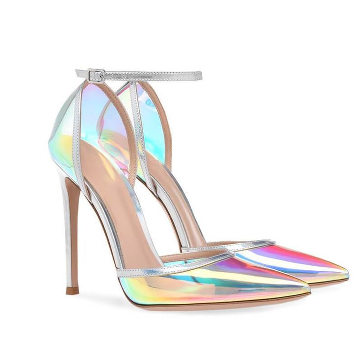 a pair of iridescent, transparent high heels with a pointed toe and ankle strap are shown in the image. the heels are a silver color with a holographic effect, creating a rainbowlike shimmer. the shoes are elegant and stylish, perfect for a party or special occasion.