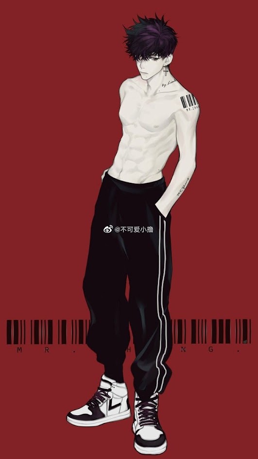this is a digital illustration of a shirtless anime boy with a barcode tattoo on his arm. he is wearing black pants with white stripes and black and white sneakers. the background is a solid red color.