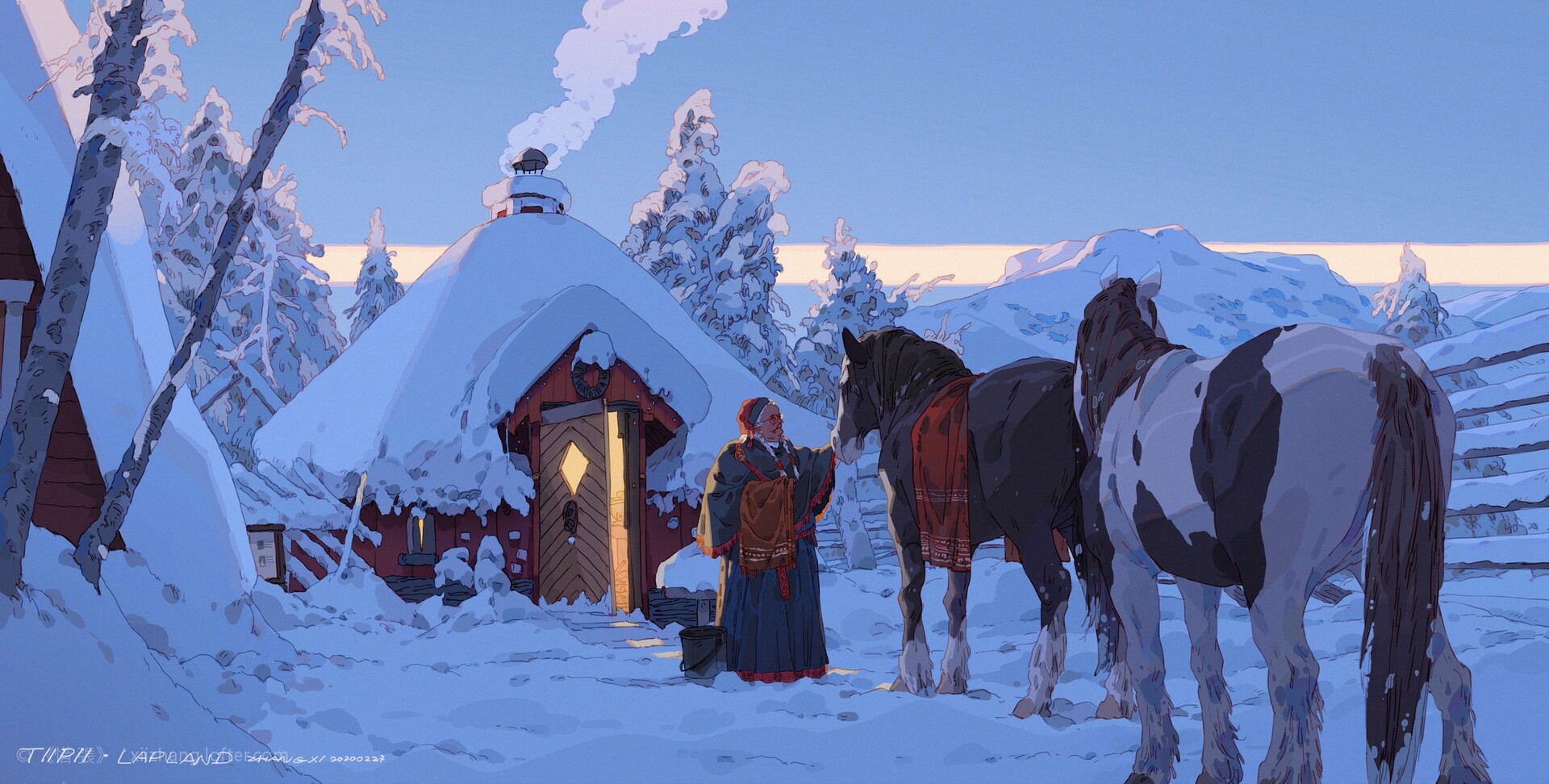 a woman in traditional clothing stands in front of a snowcovered cabin, with a horse standing beside her. the image has a snowy backdrop with a view of the mountains.