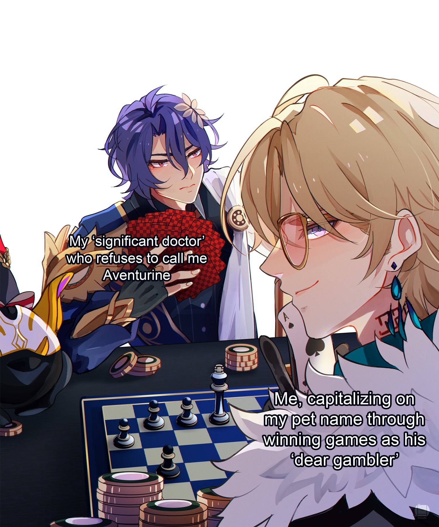 this image depicts a scene from an anime/manga. two male characters are in the middle of a chess game. the character on the left is holding a red playing card, the character on the right has blonde hair, and is focused on the game. both characters have a distinct anime style.  they have a text bubble above them that says "my 'significant doctor' who refuses to call me aventurine," and "me, capitalizing on my pet name through winning games as his 'dear gambler."