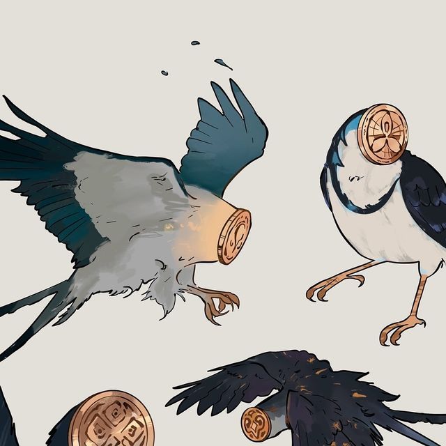 the image depicts a digital art illustration of three whimsical birds with coins instead of heads. one bird is grey and blue and appears to be flying, with a coin replacing its head. another bird is white and blue and is standing, also with a coin head. the third bird is black and flying low to the ground with a coin head. each coin has a unique design. the art style is painterly with soft colors and detailed feathers.