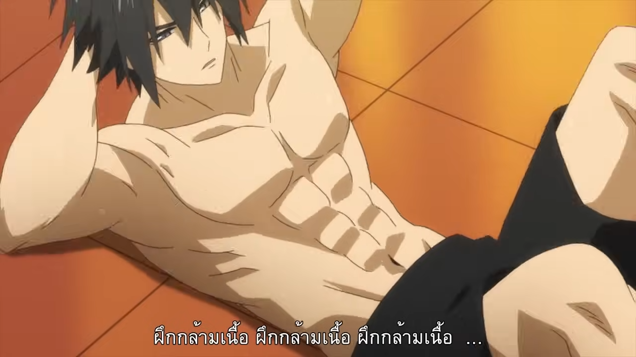 the image shows a muscular anime man with black hair and grey eyes lying on his back on an orange tiled floor, wearing black shorts.  he appears to be doing sit ups.  the image is a screenshot from an anime, as indicated by the thai subtitles at the bottom of the image.