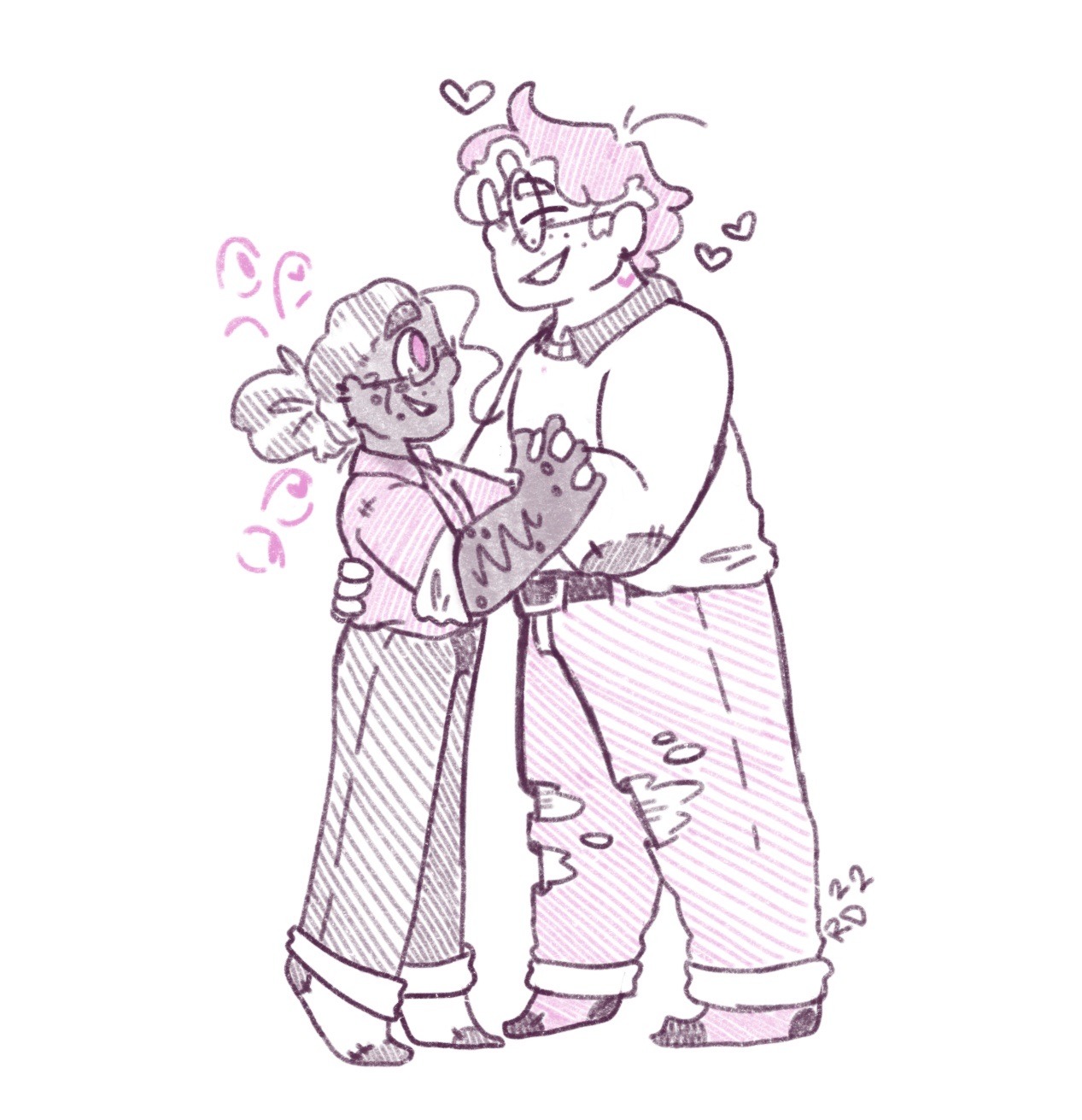 the image is a simple, cute sketch of a couple dancing with hearts floating around them. the woman is shorter and has dark skin with a robot arm, the man is taller and larger. they are both drawn in a cartoon style and are smiling at each other.