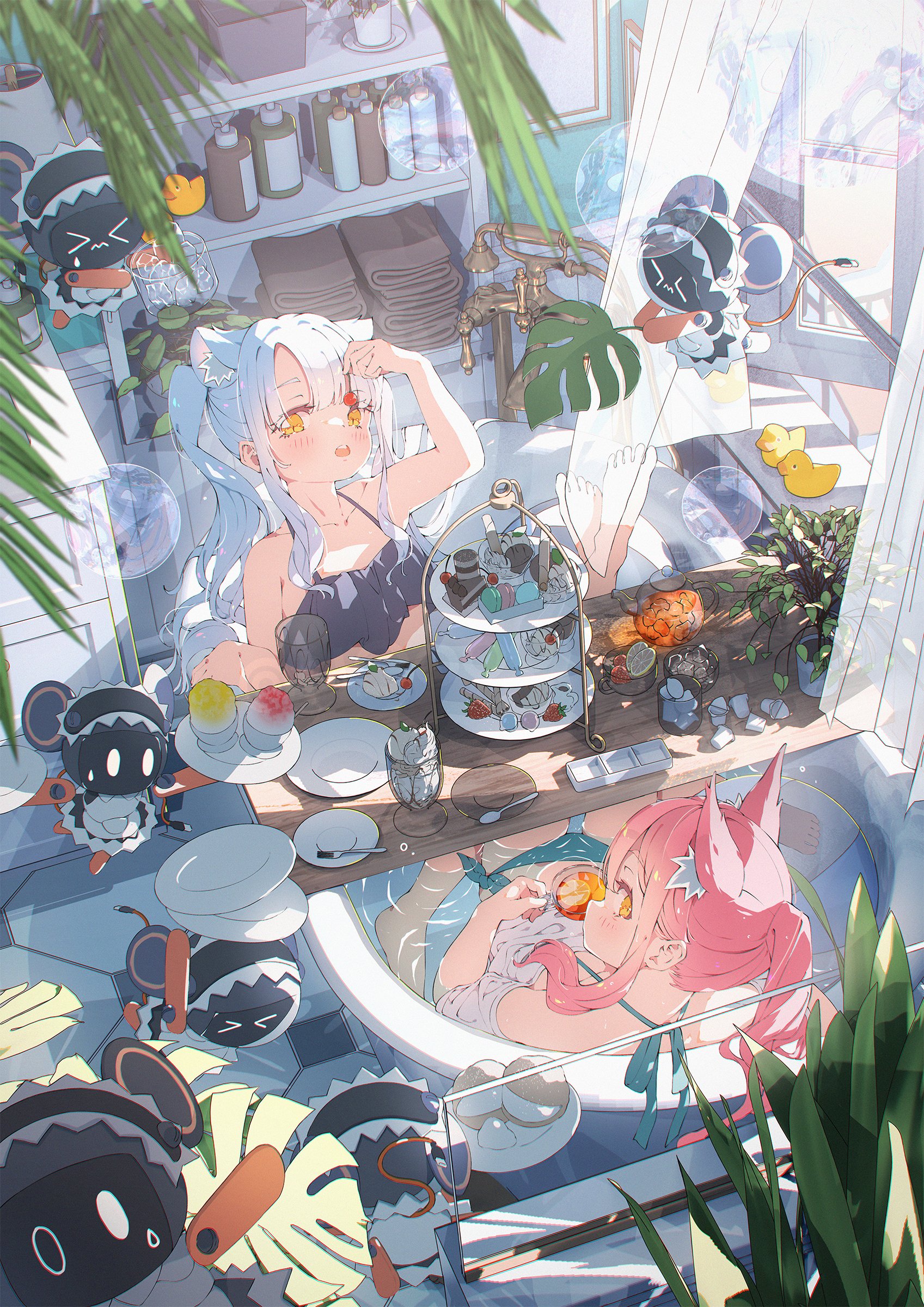 the image depicts a vibrant and whimsical scene of two animestyle girls enjoying a luxurious bath time tea party. they are relaxing in a bathtub filled with water, surrounded by an array of sweets, pastries, and a multitiered cake stand.  the setting is a bright, pastelcolored bathroom with a tropical feel, featuring plants and natural light streaming in through a window. various small, cute robotic characters are scattered throughout the scene, adding to the fantastical atmosphere. the girls are adorned in cute swimsuits or tops, and their long hair flows around them.  the overall style is reminiscent of manga and digital illustration, emphasizing cuteness and a relaxing, charming atmosphere.