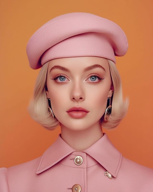 the image is a closeup studio portrait of a young woman with blonde bobbed hair, wearing a light pink beret, matching pink jacket, and silver hoop earrings.  she has subtle makeup and a neutral expression. the background is a solid, warm orange color, creating a vibrant contrast to her outfit. the overall style is reminiscent of retro fashion, possibly 1950s or 1960s, with a focus on clean lines and elegant simplicity. the lighting is soft and even, highlighting her features.