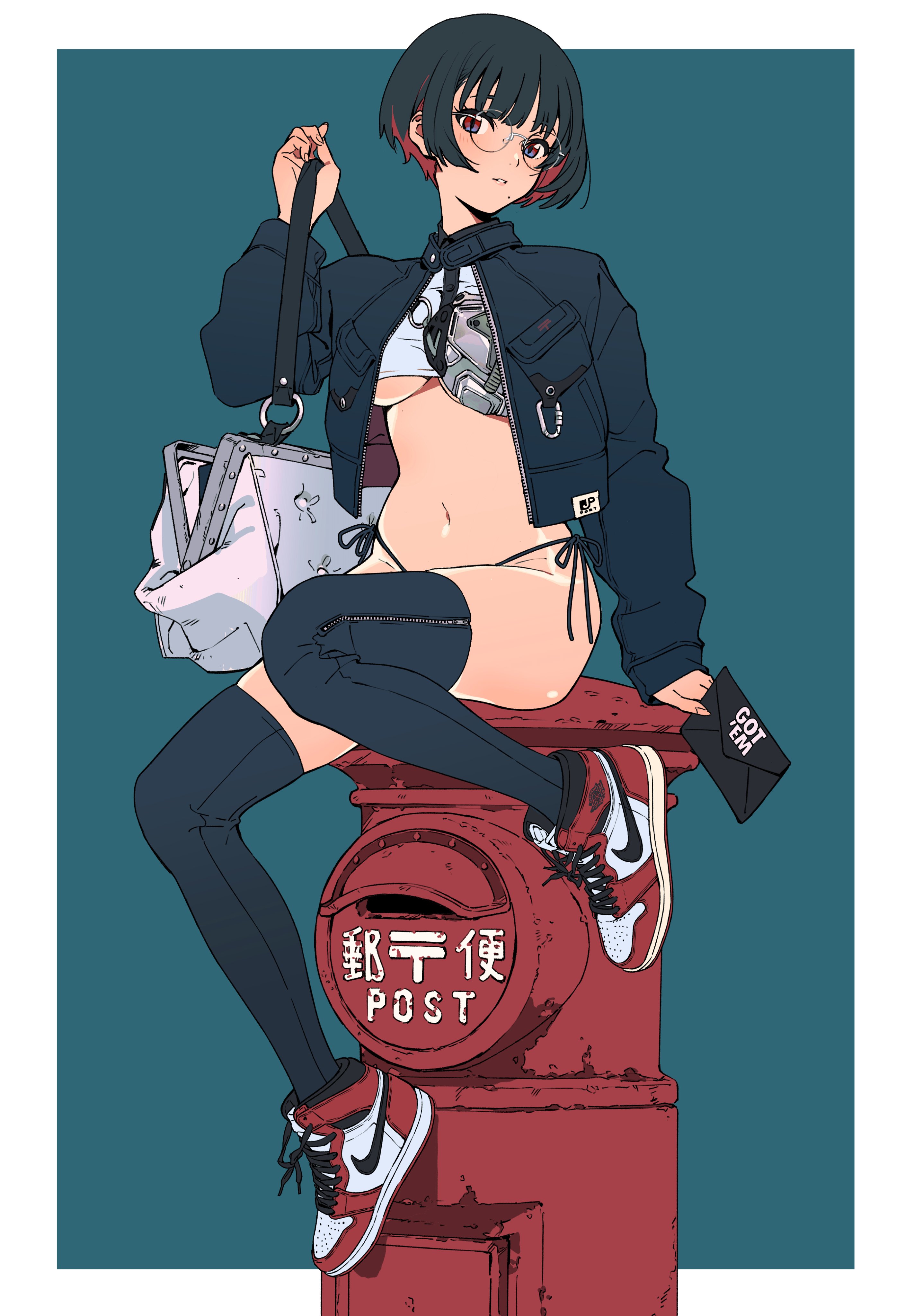 the illustration features an anime girl with short black hair and red highlights, wearing glasses, a dark denim jacket, a white crop top, thighhigh socks, and air jordan sneakers. she is sitting on a red japanese postbox, holding a handbag and a small envelope. the style is trendy and fashionable, blending anime aesthetics with streetwear elements. the background is a solid teal color. the overall mood is stylish and slightly mischievous.  japanese text on the postbox reads "post".