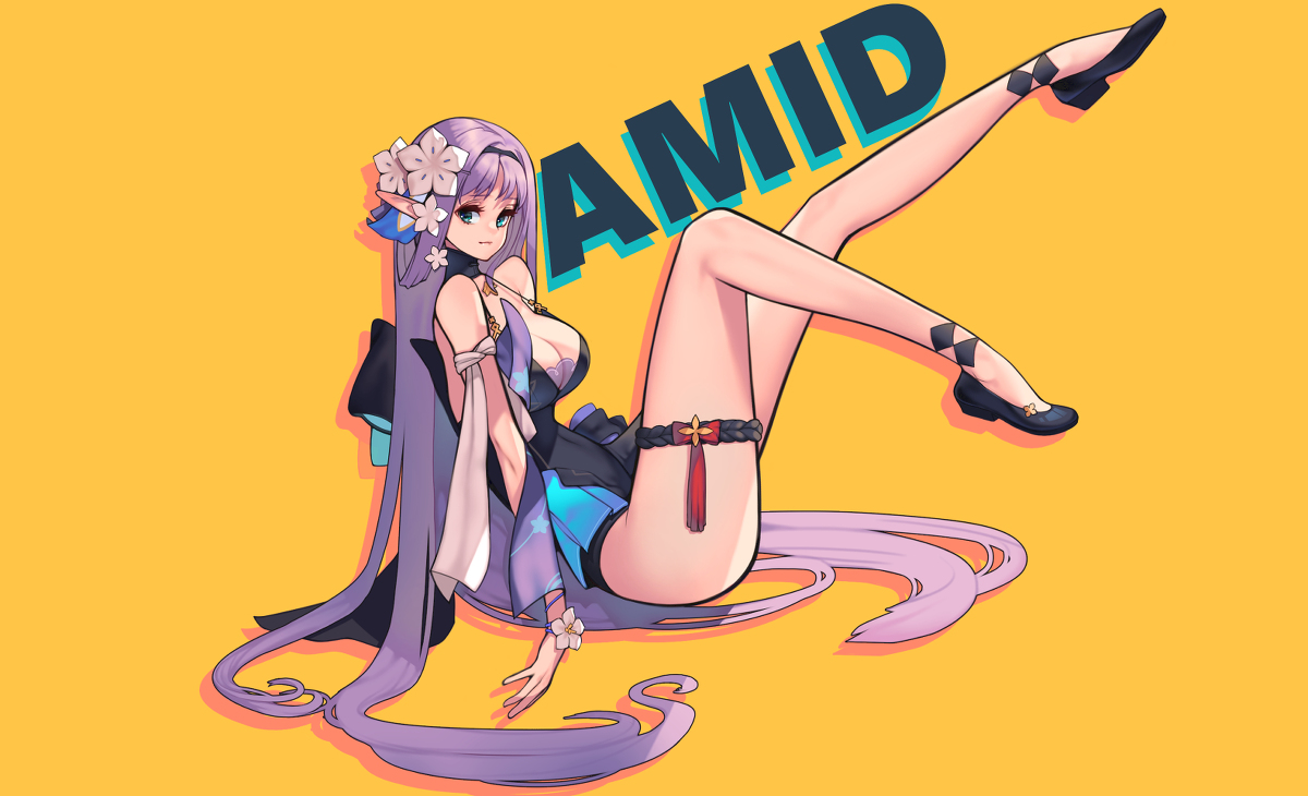 the image showcases a digital drawing of an animestyle female character. she is depicted with long purple hair adorned with a flower ornament, striking blue eyes, and elflike ears. her attire comprises a revealing blue and black leotard, complemented by a thigh strap and garter belt. she is positioned seductively on a vibrant yellow background, her pose accentuating her long legs clad in black high heels. the overall aesthetic leans towards a fantasy theme, highlighting the character's beauty and allure.