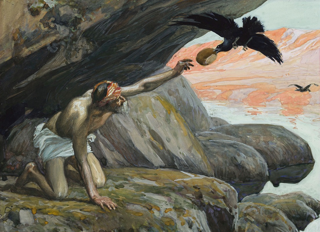 a watercolor painting depicts the biblical scene of elijah being fed by ravens. an old, bearded man kneels among dark rocks and a cave entrance. he wears a white cloth around his waist and a red and white head covering. his right arm is outstretched towards a raven flying towards him, carrying a round piece of bread in its beak. another raven flies in the distance over a body of water, likely a river or lake, under a sunset sky with pink and orange hues.