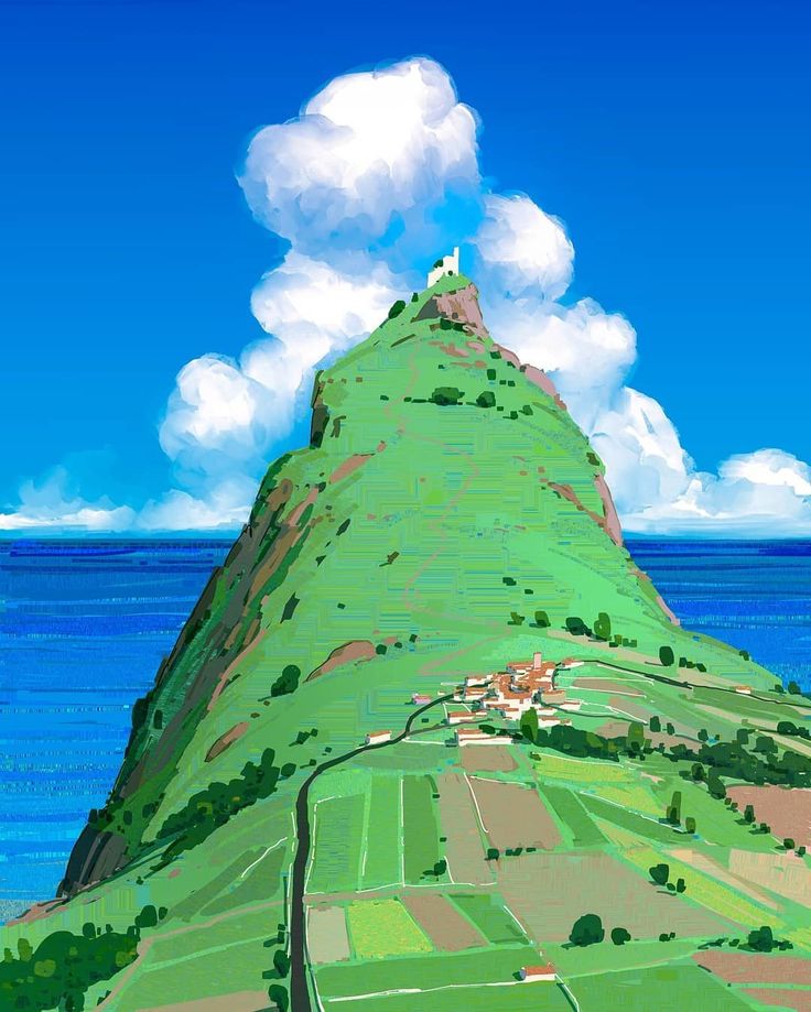 a lush green mountain sits on an island coast, surrounded by a bright blue sea under a vibrant blue sky. the mountain is topped with a white structure, possibly a church or a castle. a small village nestles at the base of the mountain, surrounded by fields of various shades of green. the scene is bathed in warm sunlight, casting soft shadows and highlighting the textures of the landscape.