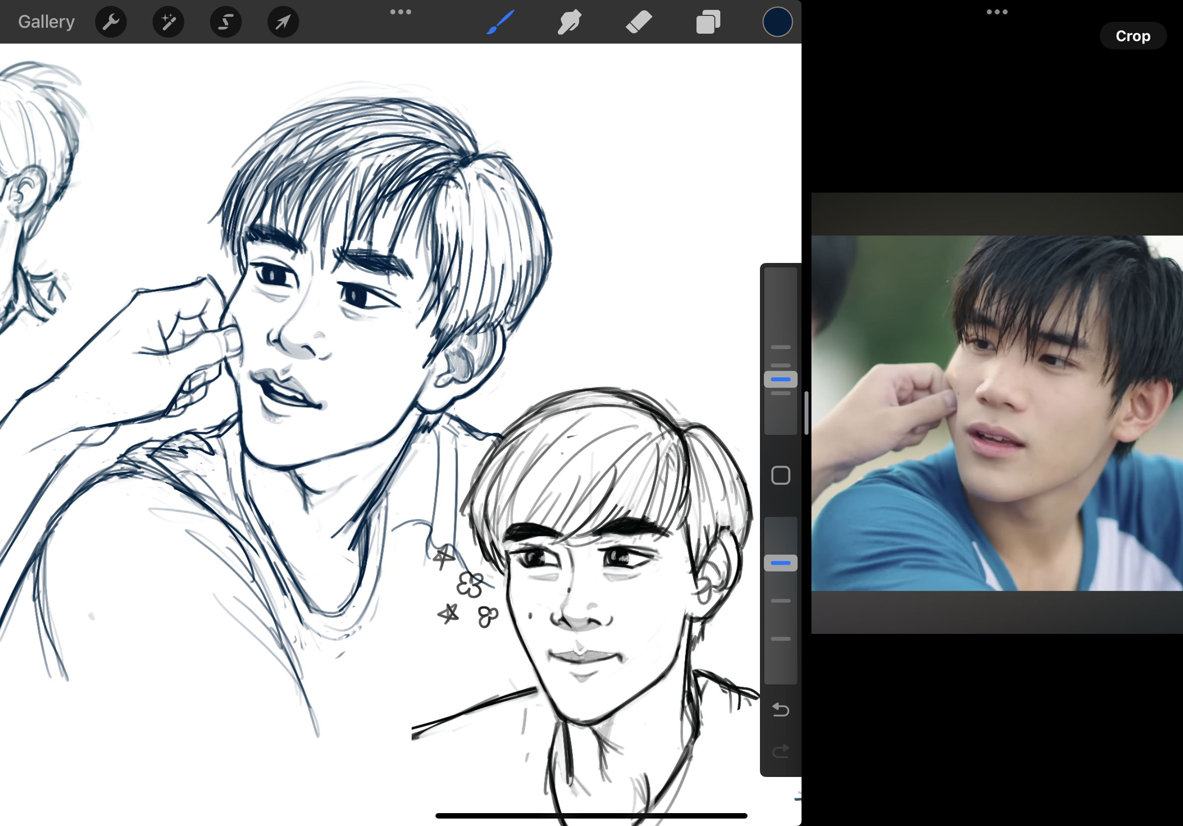 this image shows a digital illustration in progress, featuring two sketches of a young man. the sketches are based on a reference photo displayed on the right side of the screen, depicting the same man in a light blue shirt. the artist is using a drawing app, as indicated by the tools and interface elements visible on the screen.