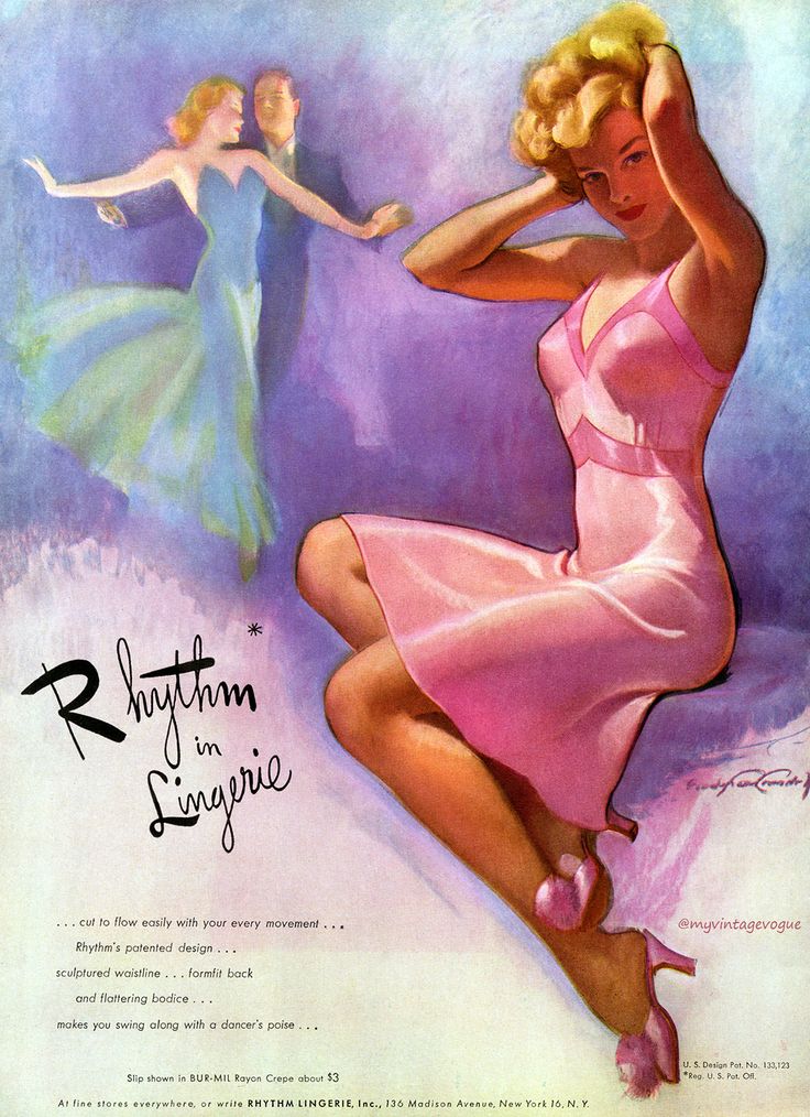 a vintage advertisement for "rhythm lingerie".  a woman in a pink slip dress is sitting with her legs crossed, posing for a picture