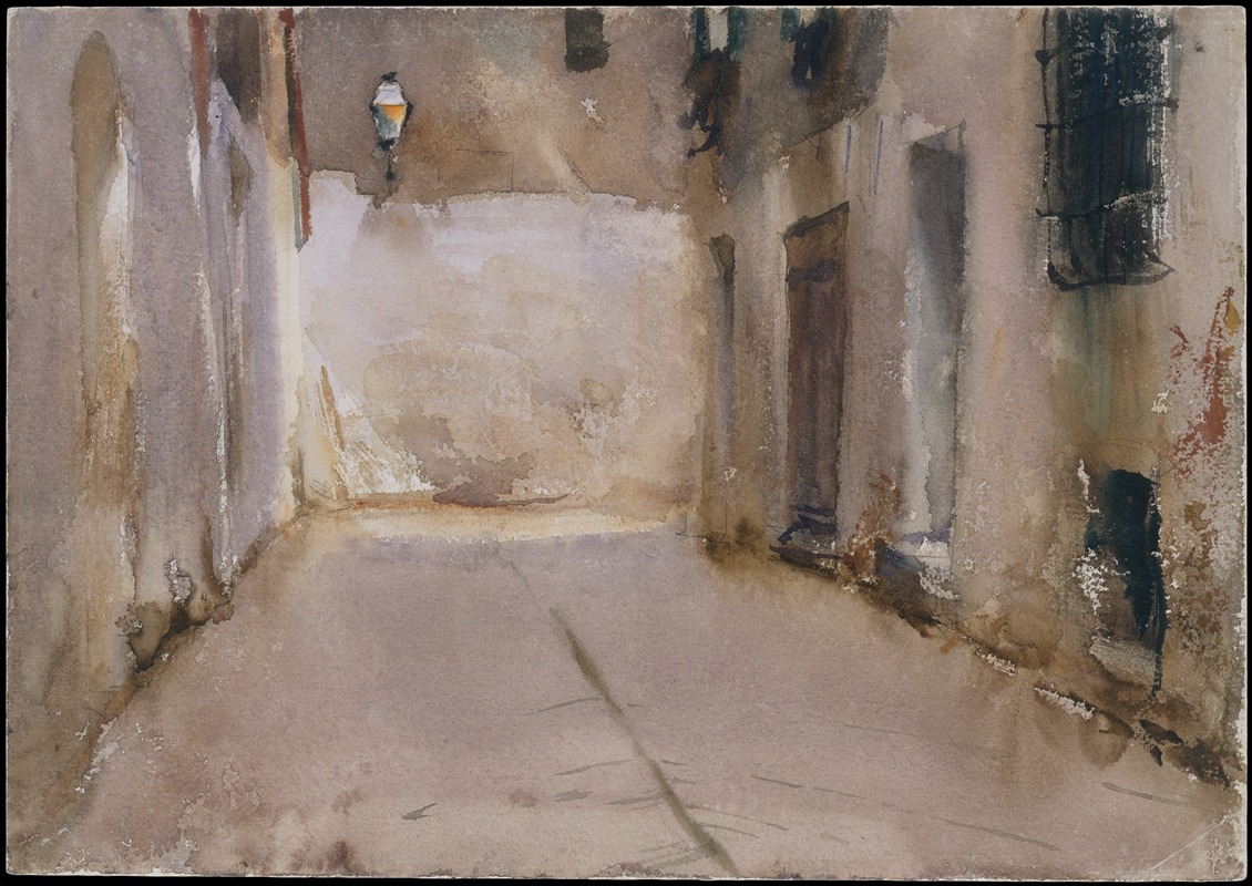 this is a watercolor painting depicting a narrow alleyway in an urban setting. the scene is bathed in muted, earthy tones with light and shadow playing across the textured walls and surfaces. the alley is bordered by buildings with architectural details like windows, doors, and a solitary light post casting a soft glow. the artistic style is reminiscent of vintage watercolors, with a focus on atmosphere and light.