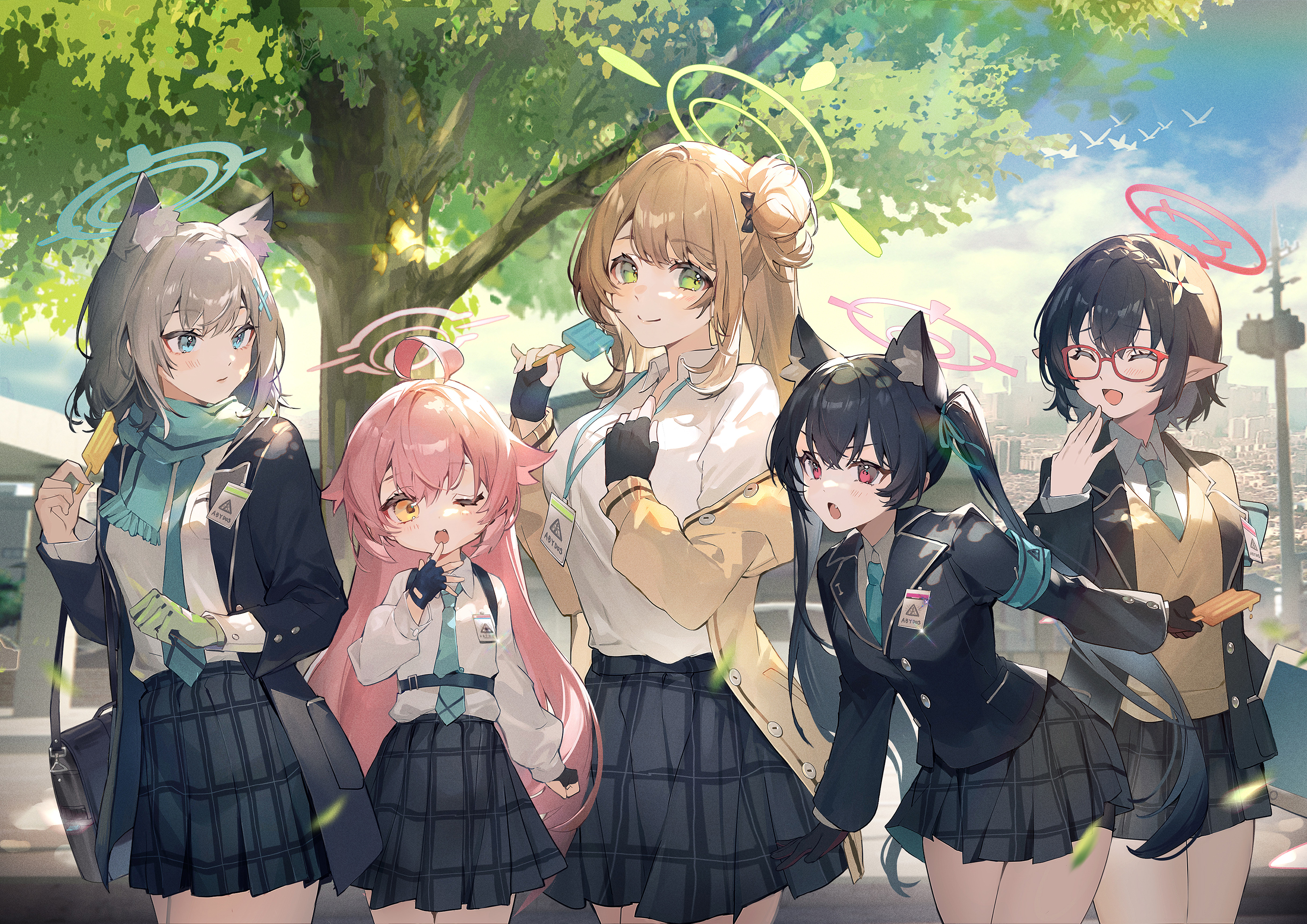 he image is a vibrant animestyle illustration featuring five schoolgirls in various uniforms. they all wear pleated skirts and blazers, with some sporting cat or elf ears as accessories.  one girl wears glasses. they are standing together in what appears to be a park setting, with trees and a cityscape visible in the background. some of the girls hold ice cream treats, creating a lighthearted and friendly atmosphere.  the art style is detailed and colorful, with a focus on soft lighting and expressive character designs. the overall feeling is one of youthful camaraderie and fun.