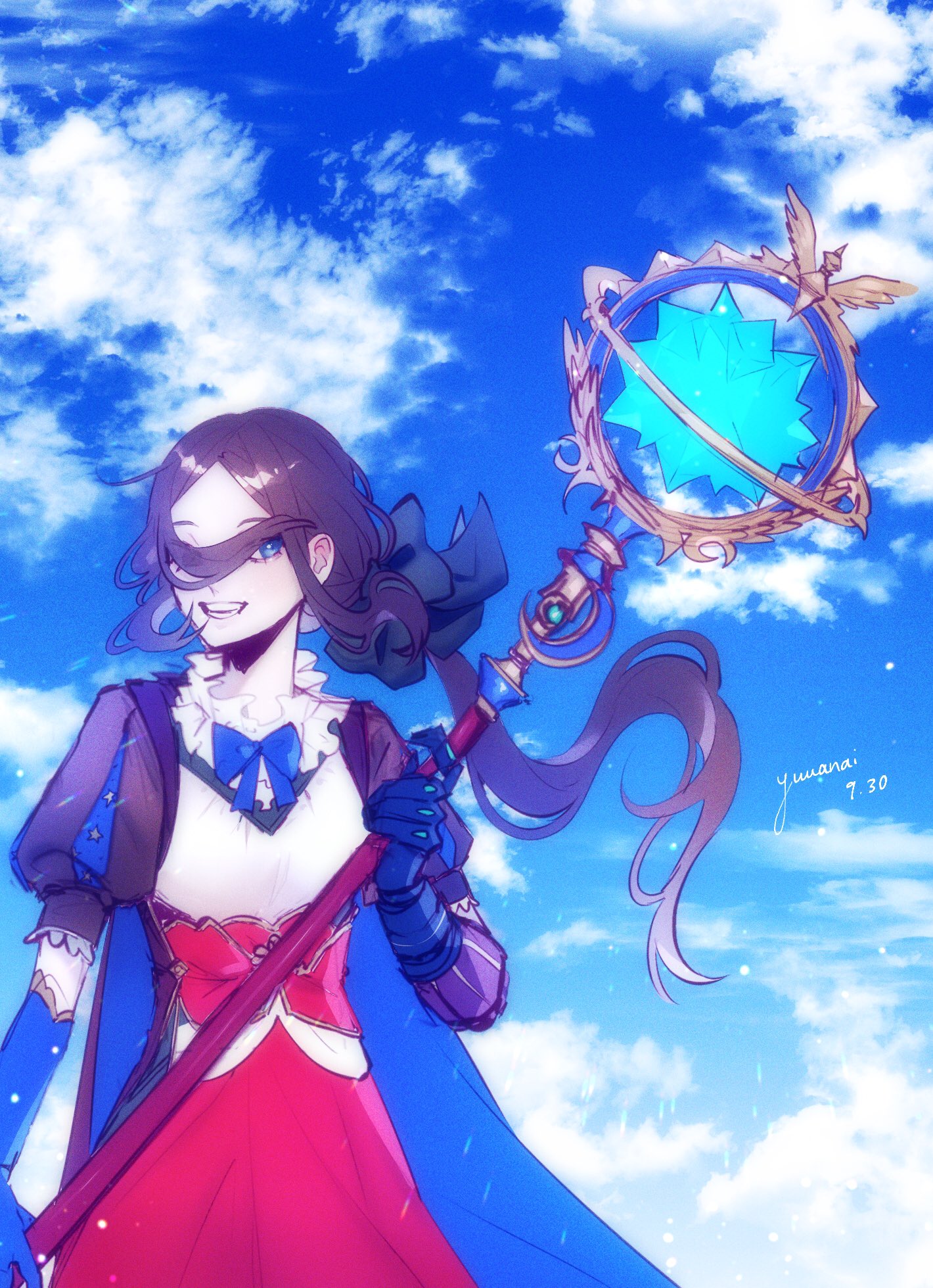 a young anime girl with long, flowing brown hair is depicted in a fantasy setting, holding a staff adorned with intricate blue and gold designs. she is dressed in a white and red dress with a black bodice, accented by a blue bow tied around her neck.  her smile radiates warmth and confidence, and her expression suggests both power and innocence.  the staff, resembling a celestial orb, hints at her magical abilities and the fantastical world she inhabits. the backdrop features a vibrant, blue sky with fluffy white clouds, further emphasizing the fairytalelike atmosphere.  the overall mood is one of wonder and adventure.