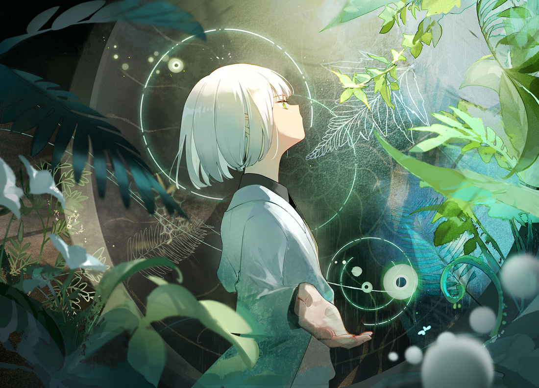 he image is a digital painting or illustration of an animestyle girl with short, white bobbed hair. she is depicted in profile view, with her head tilted slightly upward, and her eyes are closed.  she is wearing a light teal or gray longsleeved shirt or jacket. her hand is outstretched, as if offering something or reaching for something unseen.the background is lush and verdant, filled with various types of plants and leaves in shades of green, creating a natural and slightly mystical atmosphere. there are glowing, ethereallooking circles and light patterns that surround the girl, adding to the magical quality of the piece. the overall style is soft, dreamy, and evocative. the color palette is dominated by greens and whites, with touches of muted warmer tones.