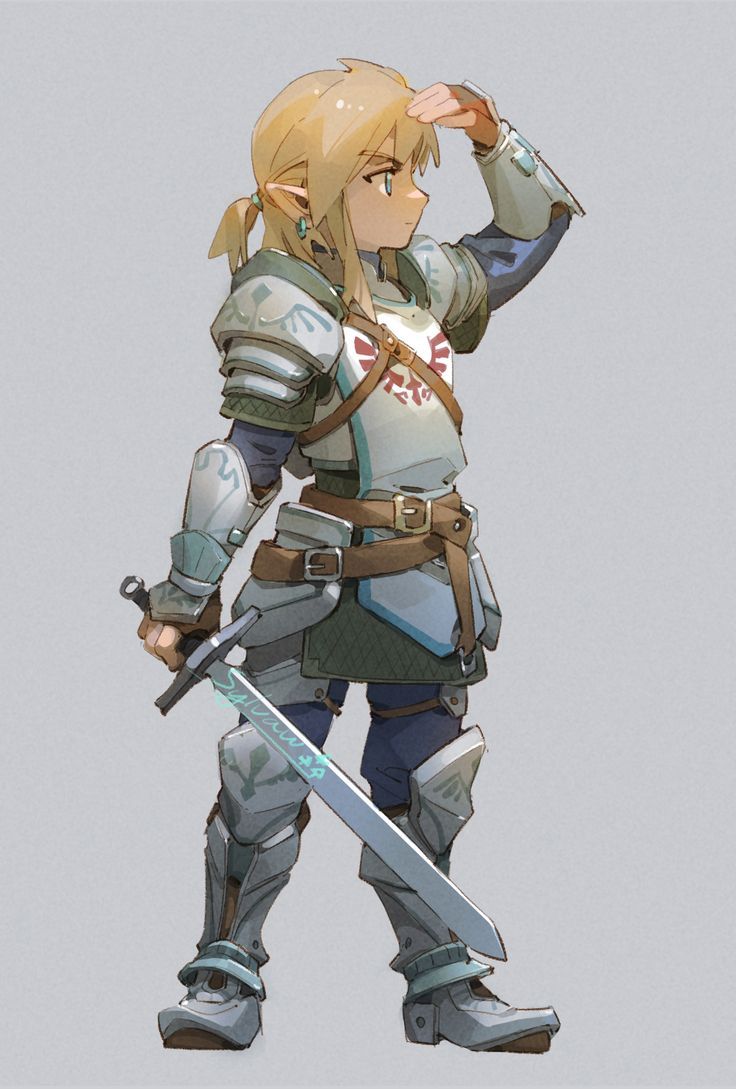 a drawing of link from the legend of zelda, in armor, holding a sword, and looking into the distance with his hand shielding his eyes. he is standing.