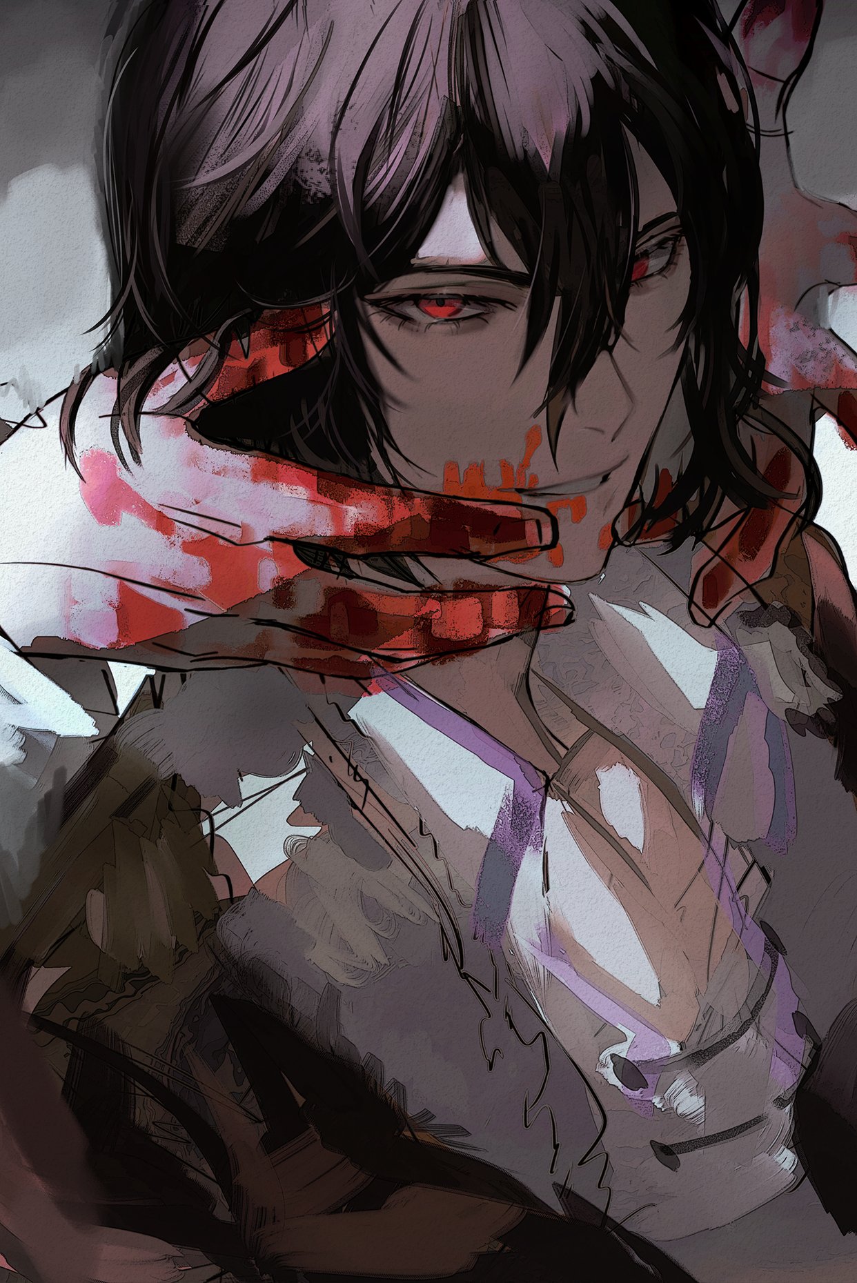 a closeup image of an anime male character with long black hair, with blood on his face and on the hands that are clutching his face. the character looks very serious, almost sinister, with red eyes. the background is dark and shadowy. the image appears to be depicting a scene of violence.