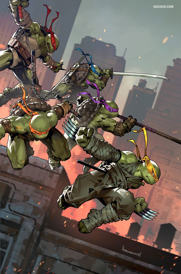 the teenage mutant ninja turtles are in a fighting pose. the turtles are all dressed in their signature ninja attire, with katanas drawn. they appear to be in a city, fighting on top of buildings. the background is a cityscape with skyscrapers. the image is rendered in a digital art style. the turtles are looking tough and ready for action.