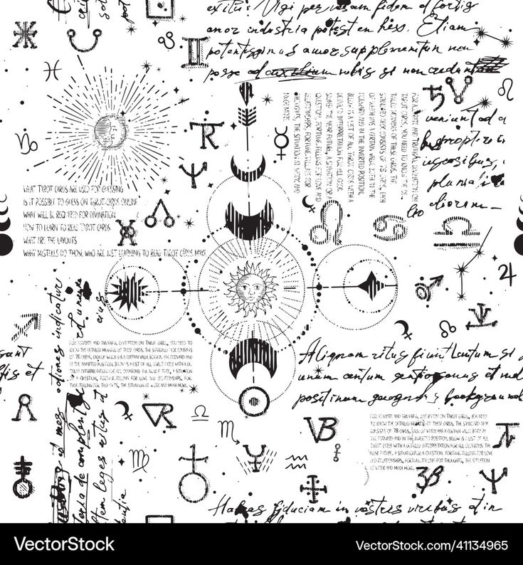 the image is a collage of occult and astrological symbols, along with handwritten text. it appears to be a compilation of various mystical elements, possibly related to tarot, divination, and esoteric knowledge. the symbols include zodiac signs, alchemical symbols, geometric patterns, and celestial bodies like the sun and moon. the text is in a stylized, handwritten font and seems to contain phrases related to fortunetelling, magical rituals, or philosophical concepts. the overall aesthetic is vintage or antique, with a textured, distressed look.