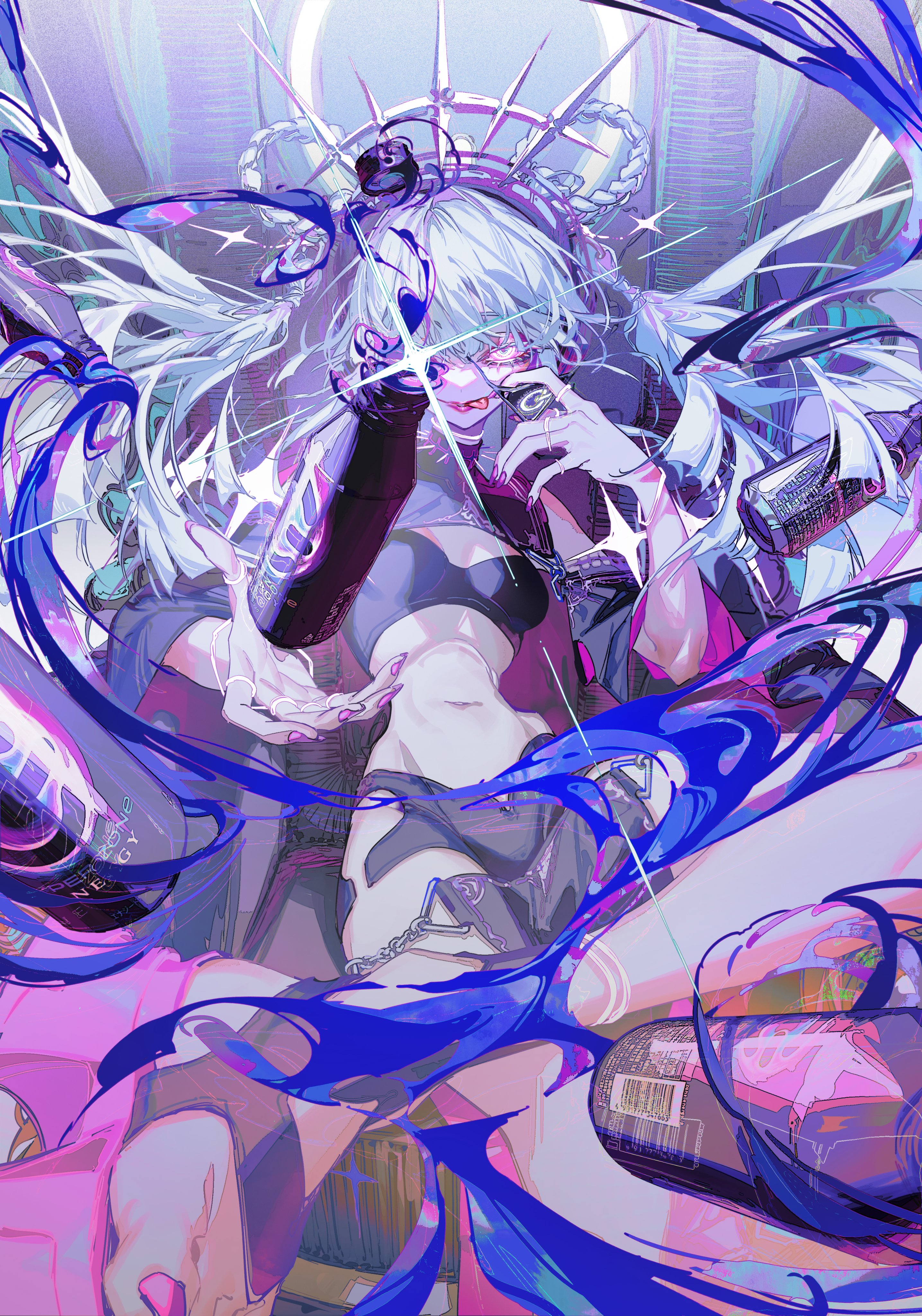 this is a vibrant illustration of a young anime woman with long white hair in a futuristic cyberpunk style. her hair is adorned with a large, glowing crown with spikes. the woman is wearing a dark outfit with a metallic chain around her waist and is holding a can of energy drink. the artwork features a vibrant color scheme of purple, pink, and blue and is filled with glowing streaks of light and digital effects, creating a futuristic and edgy atmosphere. the artwork is dynamic and visually engaging, capturing the essence of a cyberpunkinspired style.