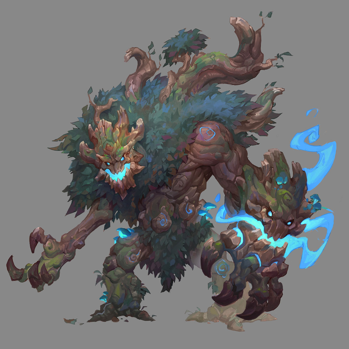 the image is a digital painting depicting a fantasy creature, resembling a powerful treant or wood golem. it's a large, bipedal being composed of wood, stone, and foliage. the creature has a gnarled, woody body with glowing blue energy emanating from its hands and around its face, which has a carved, wooden masklike appearance with glowing eyes. its arms are thick branches, ending in clawed hands that appear to be made of stone and wood. the overall color palette is earthy and muted, with the blue glowing energy providing a stark contrast. the creature's stance and expression suggest aggression or menace. the background is a simple, neutral gray, focusing attention on the detailed creature itself.  the style is consistent with fantasy game art or concept art for a video game or similar media.
