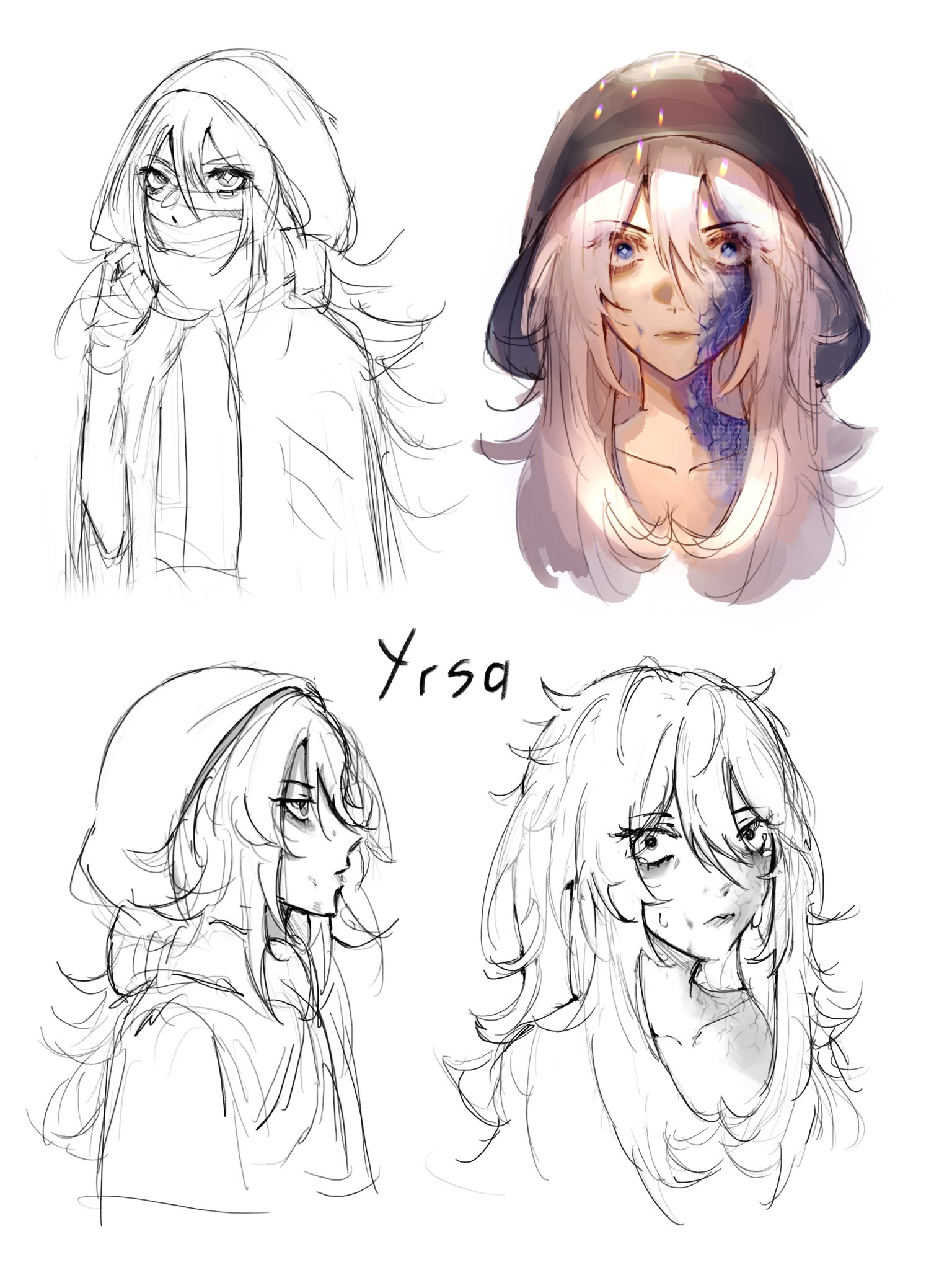 the image shows four sketches of an anime character. the top left sketch is a line drawing of a girl with long hair, wearing a hood. the top right sketch shows the same character with the hood up, but with more detail. the bottom left sketch shows a closeup of the girl's face. the bottom right sketch is another line drawing of the character. the character appears to be sad, possibly crying.