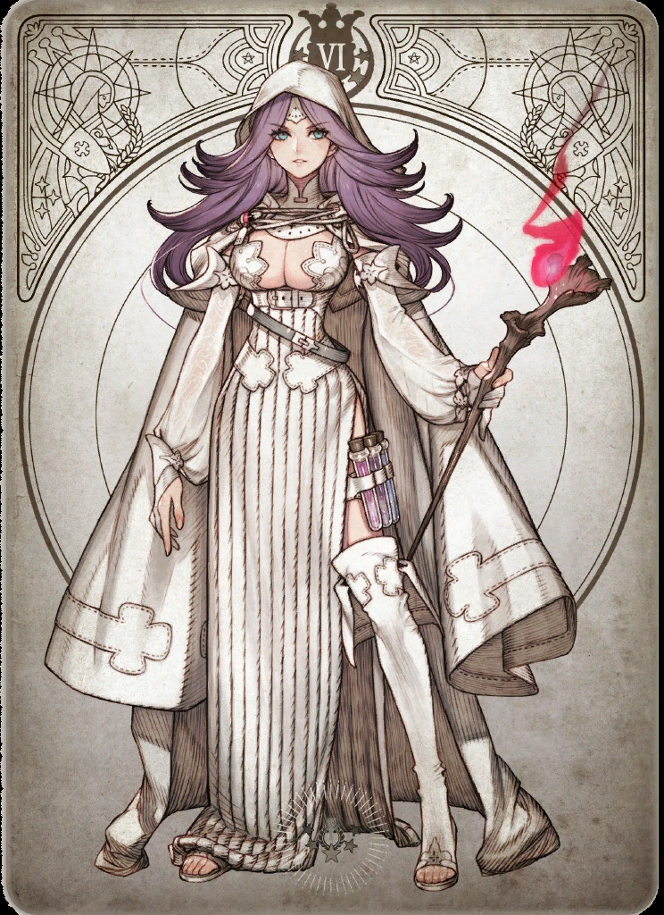 the image is a fullbody illustration of a female character, likely a sorceress or witch, in an ornate frame resembling a tarot card. she stands against a beige background adorned with intricate geometric and floral patterns, holding a wooden staff topped with a glowing pink orb. her attire suggests a mystical or religious order, featuring a white robe, a hooded cloak, and thighhigh boots. her purple hair cascades down her back, adding to her enigmatic aura. the overall aesthetic blends fantasy and art nouveau elements.