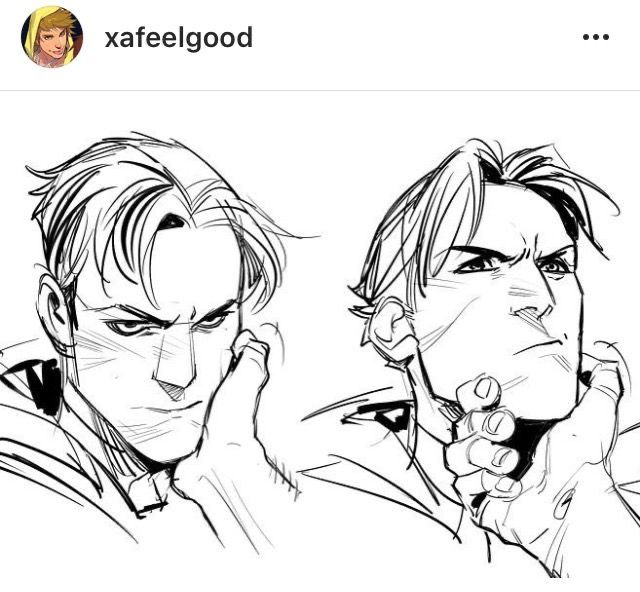 this is a black and white drawing of two men. the man on the left is looking downwards and has his chin resting on his hand. the man on the right is looking at the viewer with a serious expression and his right hand is on his chin. both men have a lot of detail in their hair, eyes, and facial features. the drawing is done in a manga style.