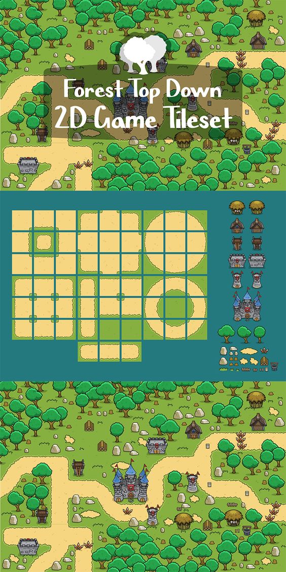 this image showcases a forestthemed topdown 2d game tileset. the top section presents the title "forest top down 2d game tileset" against a backdrop of assembled tiles forming a forest and village scene. the middle section displays the individual tiles on a grid system, including ground textures, path elements, trees, houses, and castle components. the bottom section mirrors the top, providing a larger view of the tileset assembled into a sprawling forest map complete with winding paths, clusters of houses, and a prominent castle.