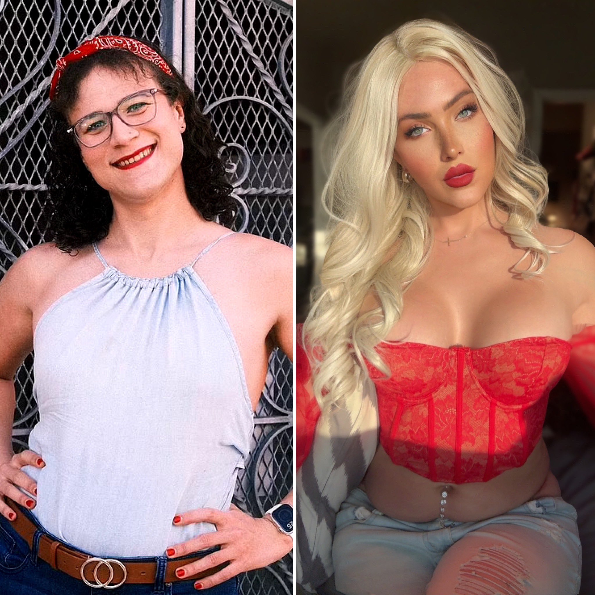 the image is a beforeandafter style comparison showcasing a transgender person's transition.  the left side depicts a person before transition, wearing a simple light blue halter top and jeans, with glasses and dark hair tied back with a bandana. the right side shows the same individual after transitioning, with significantly different facial features, styled blonde hair, and wearing a red lace corset top and distressed jeans. the photos emphasize the physical changes associated with hormone replacement therapy (hrt) and the transition from a perceived masculine presentation to a feminine one.  the difference in style and confidence is also strikingly apparent between the two images.