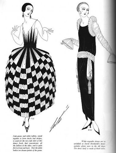 the image is a fashion illustration from the 1920s, likely from a magazine or pattern book. it showcases two distinct women's dresses: dress 1 (left): a short, full flapper dress with a black and white checkered pattern, created by combining jadegreen and white fabrics. the fullness is concentrated at the sides. dress 2 (right): a long, elegant black georgette dress with ruffled sleeves and a sash.  the description mentions the fabric's wrinkling is reminiscent of sarah bernhardt's style.both illustrations are done in a classic art deco style, with clean lines and strong geometric shapes.  the text provides further details about the fabrics and construction of each dress.
